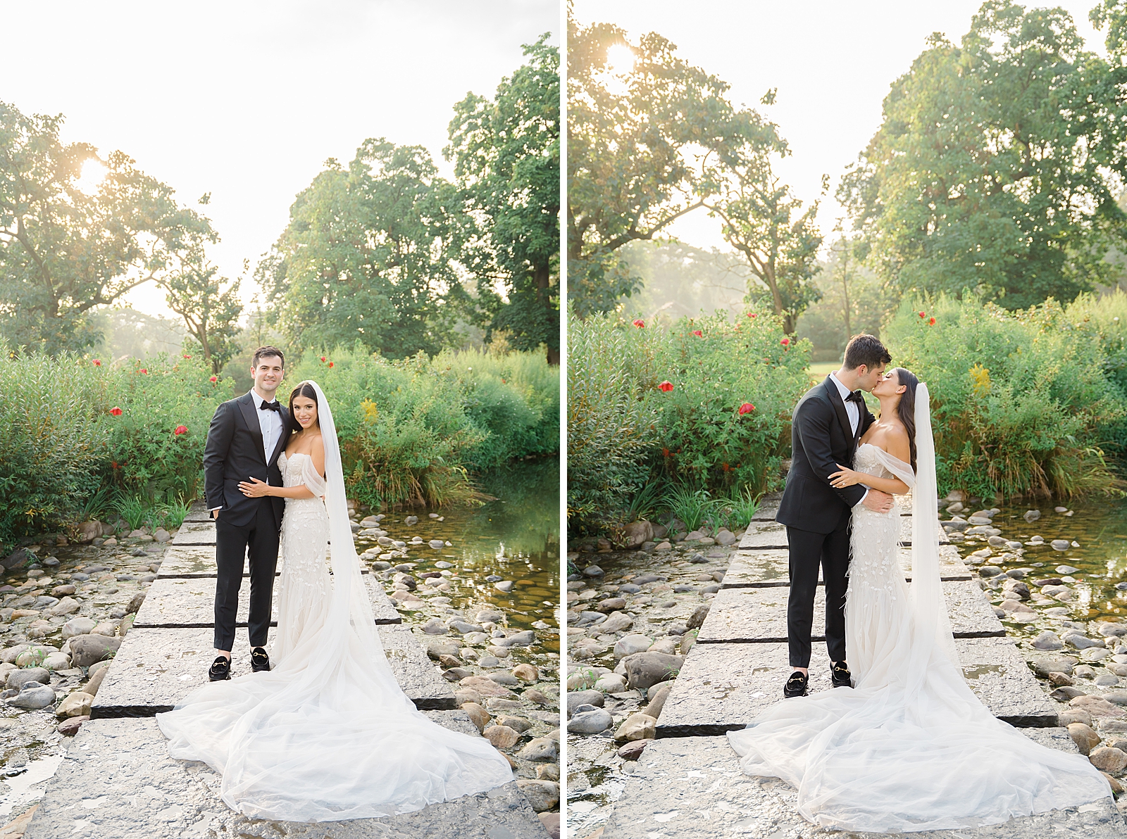 Left photo: Full body shot of the bride and groom standing on a stone pathway that bisects a pond.
Right photo: Full body shot of the bride and groom sharing a kiss on a stone path that bisects a pond. 