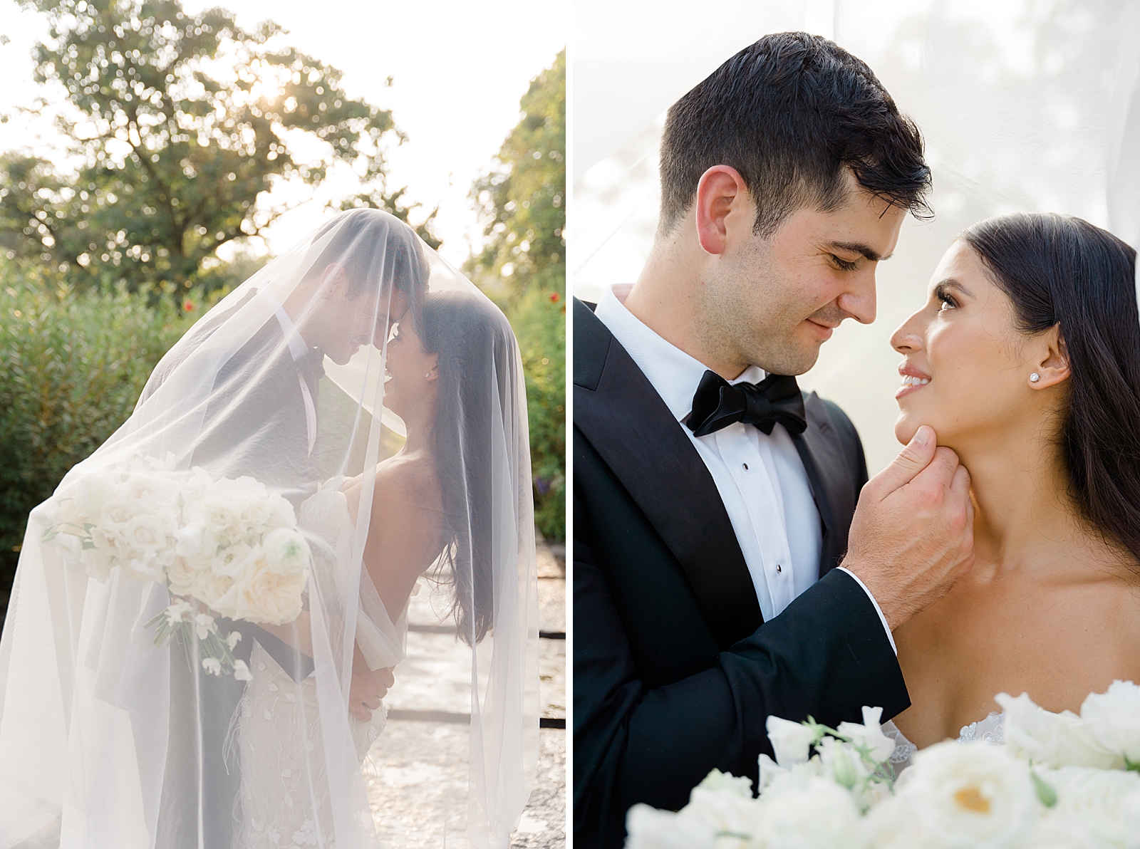 Left photo: The bride and groom are draped under the bride's veil as they smile nose to nose. 
Right photo: Upper body shot of the bride and groom smiling as they look into each other's eyes. 