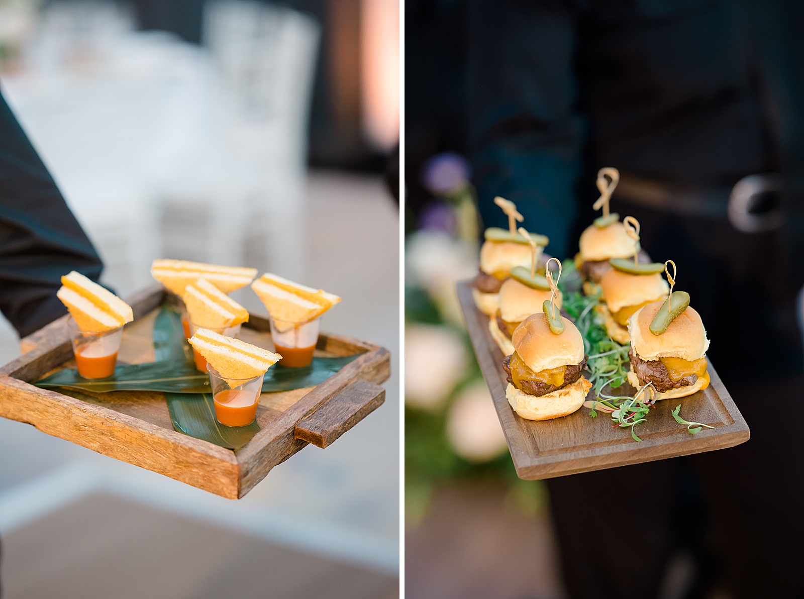Left photo: Shot of grilled cheese and tomato soup hors d'oeuvres being served on a tray.
Right photo: Shot of cheeseburger sliders being served on a tray. 