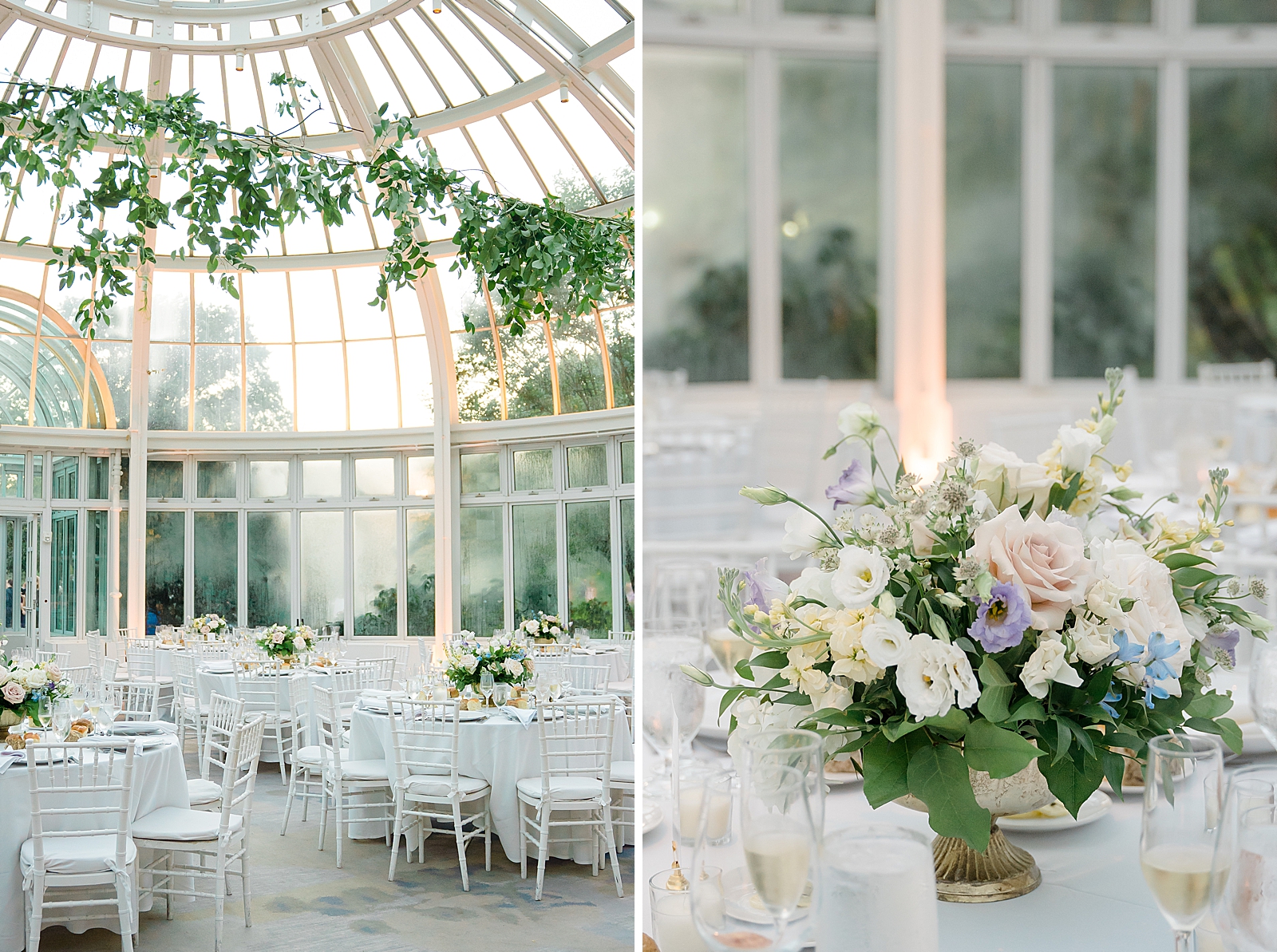 Left photo: Shot of the reception space- a dome shaped sunroom with white table linens and chairs. 
Right photo: Up close shot of centerpiece bouquet on a table. 