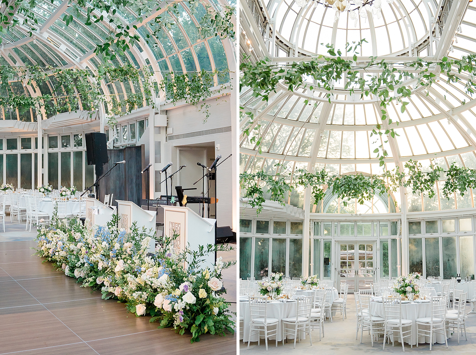Left photo: Shot of the reception bands stage. 
Right photo: Vertical shot of the reception space, complete with white table linens and chairs, and greenery draped from the ceiling. 