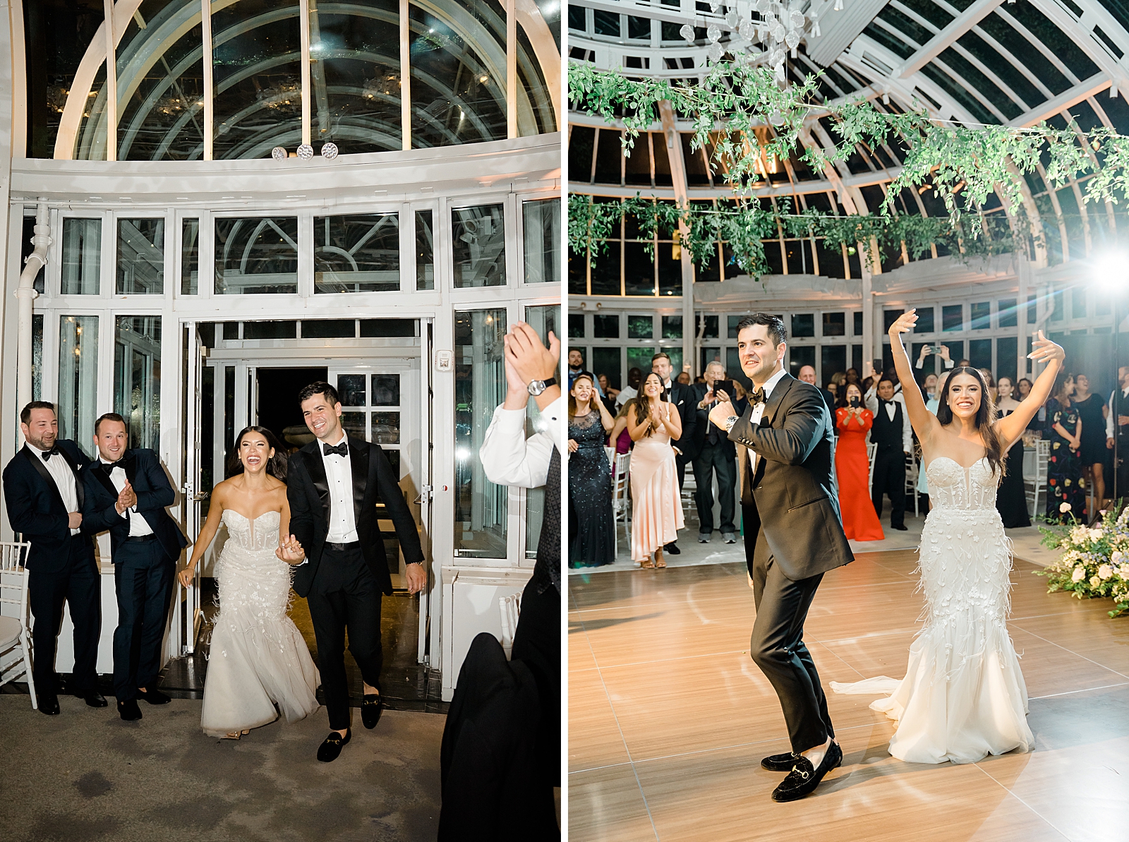Left photo: Shot of the bride and groom smiling wide as they make their reception entrance. 
Right photo: Shot of the bride and groom hyping everyone up from the dance floor. 