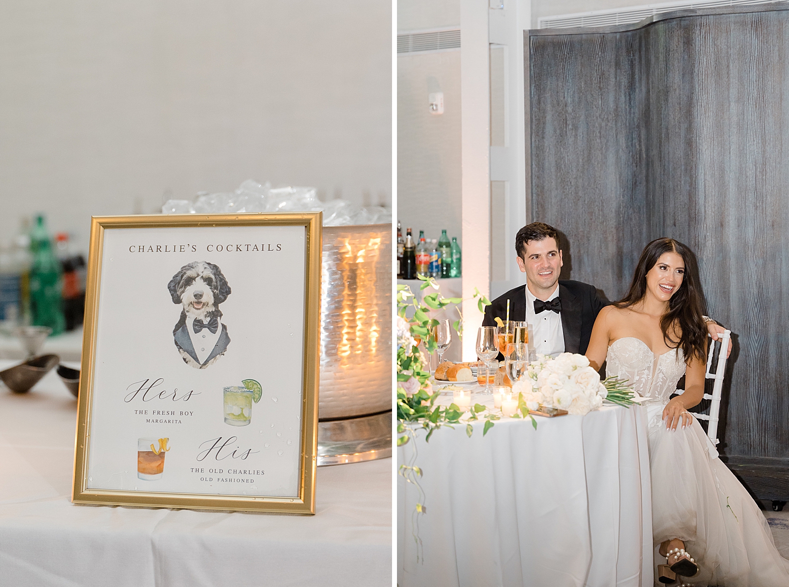 Left photo: Shot of a bar sign featuring the couples signature cocktails. 
Right photo: Up close shot of the couple smiling at their sweetheart table. 