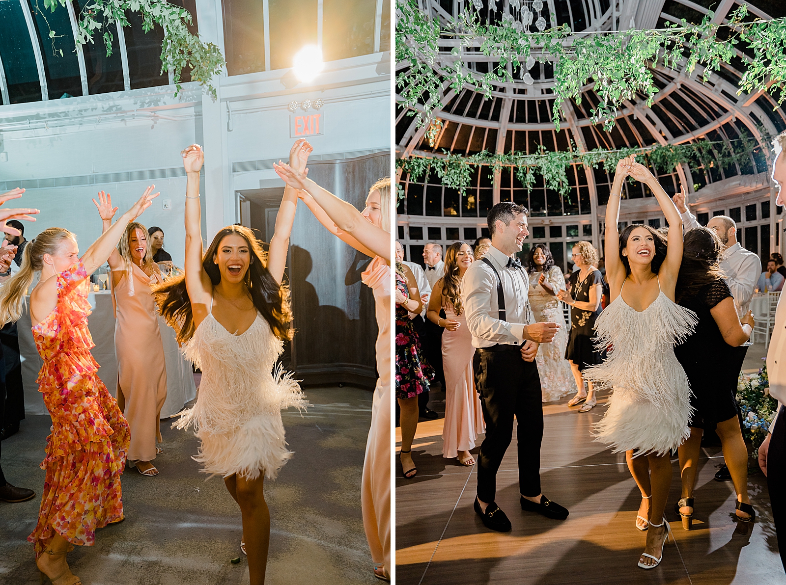 Left photo: The smiling bride throws her arms up for a photo.
Right photo: The bride and groom are all smiles as they dance on the dancefloor.