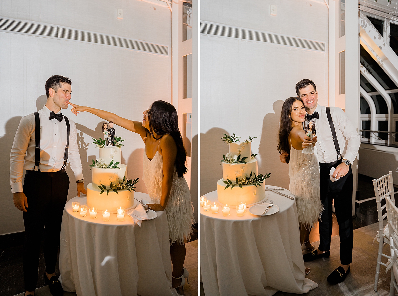 Left photo: Shot of the bride feeding the groom frosting from their cake. 
Right photo: The bride and groom pose with their cake topper.