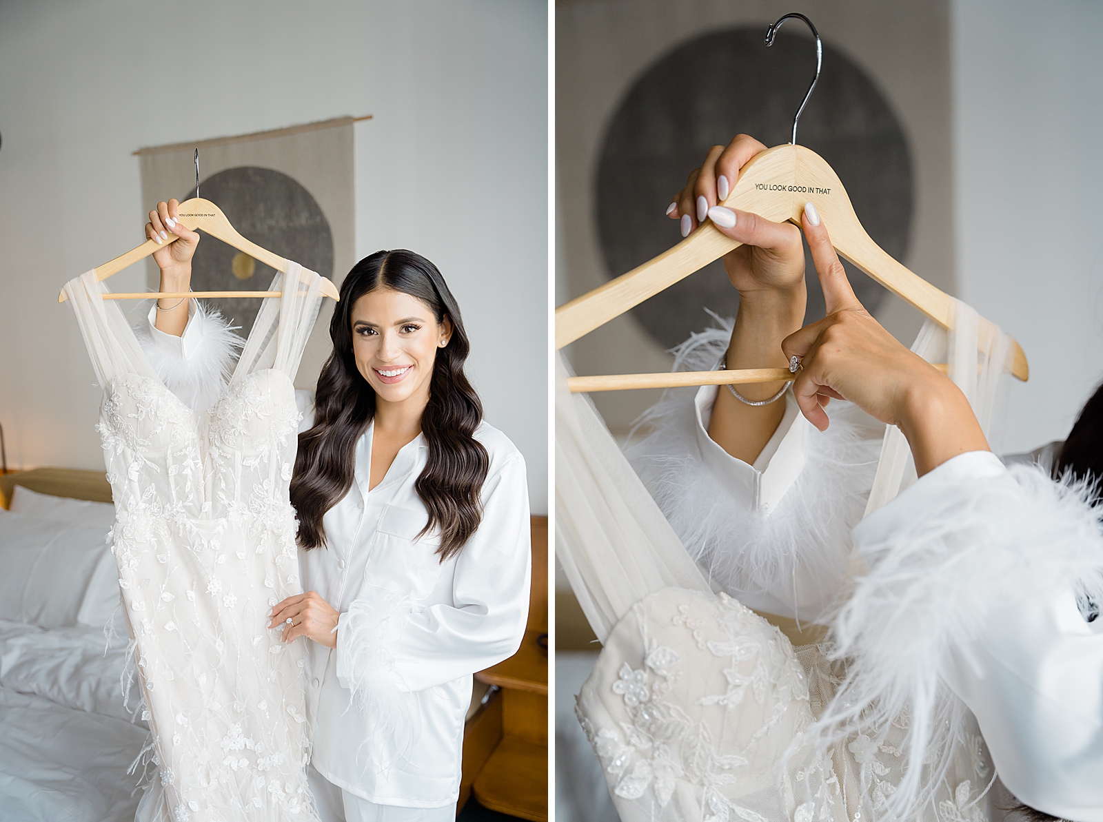 Left photo: Shot of the bride holding up her wedding gown.
Right photo: Shot of the bride holding her wedding gown and pointing to where the hanger says, "you look good in that." 