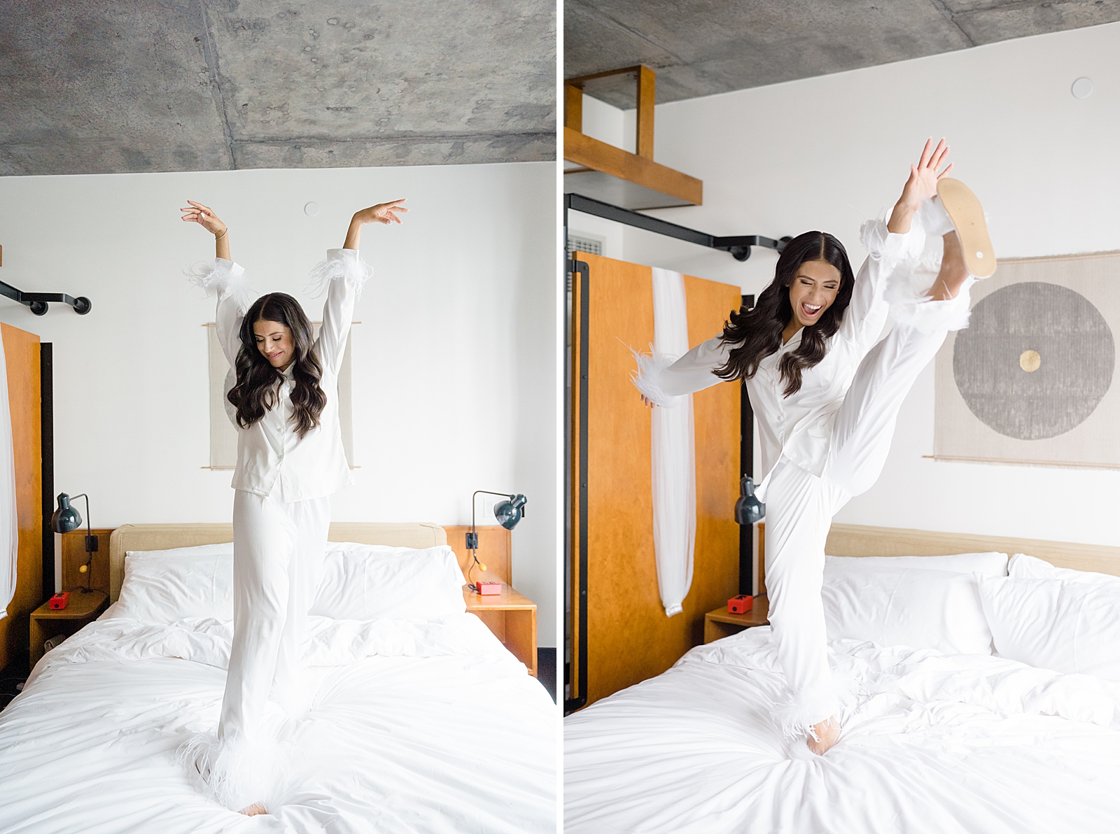 Left photo: Bride dancing on a bed.
Right photo: Bride dancing on a bed.
