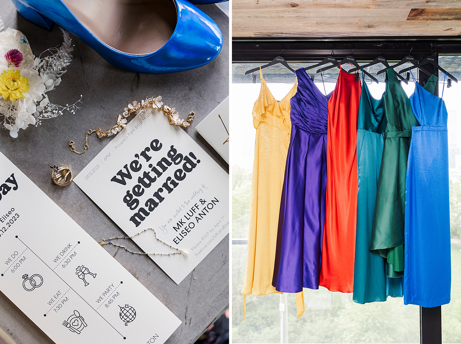 Left: Photo of wedding details including invitations, bride's jewelry, bride's shoes, and flowers. 
Right: Muilti-colored bridesmaids dresses hanging in front of a window. 