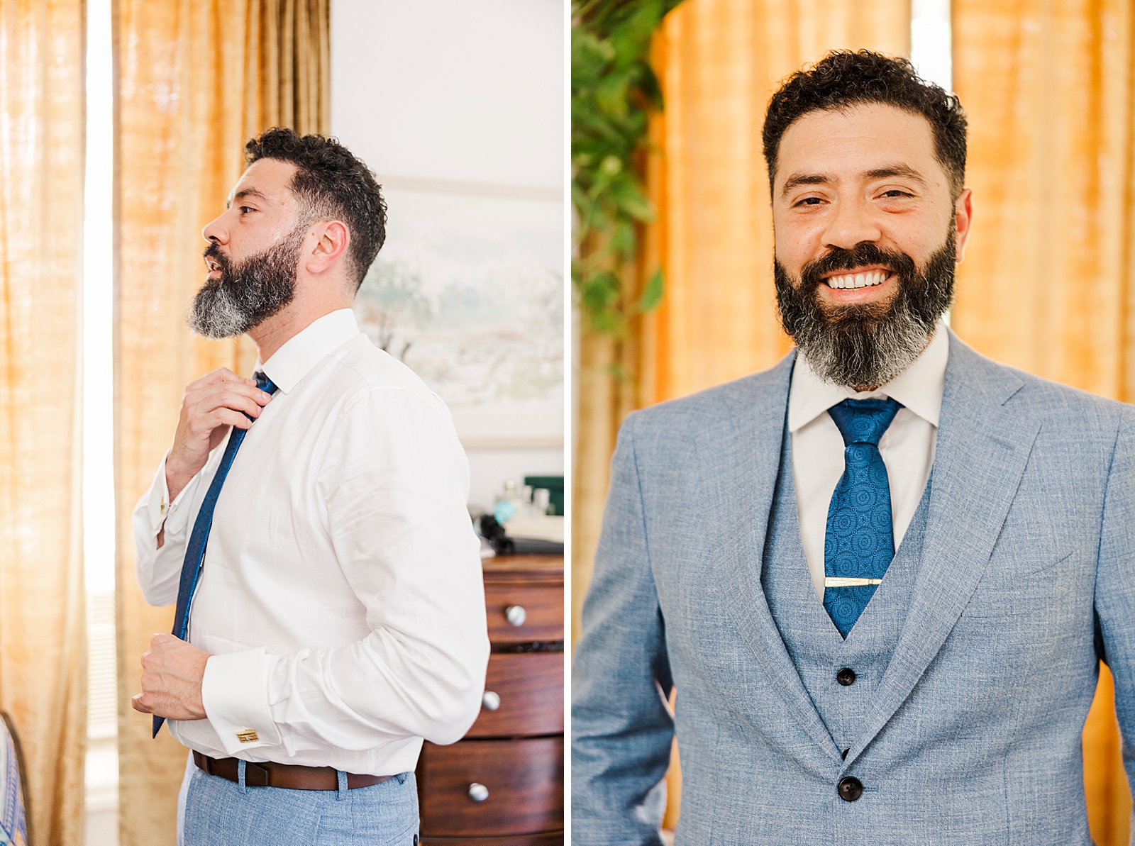 Left: Profile shot of Eliseo adjusting his tie.
Right: Upper body shot of Eliseo smiling in his suit. 