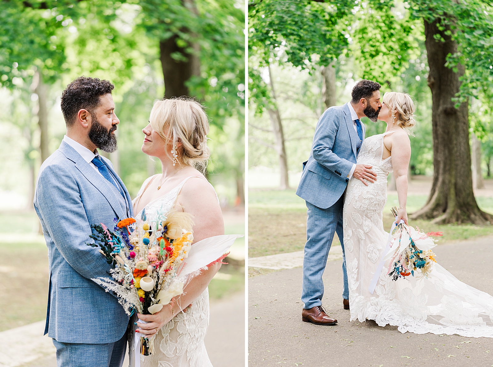 Left: Shot of MK and Eliseo gazing into each others eyes on a park path. 
Right: Photo of MK and Eliseo sharing a kiss on a park path.