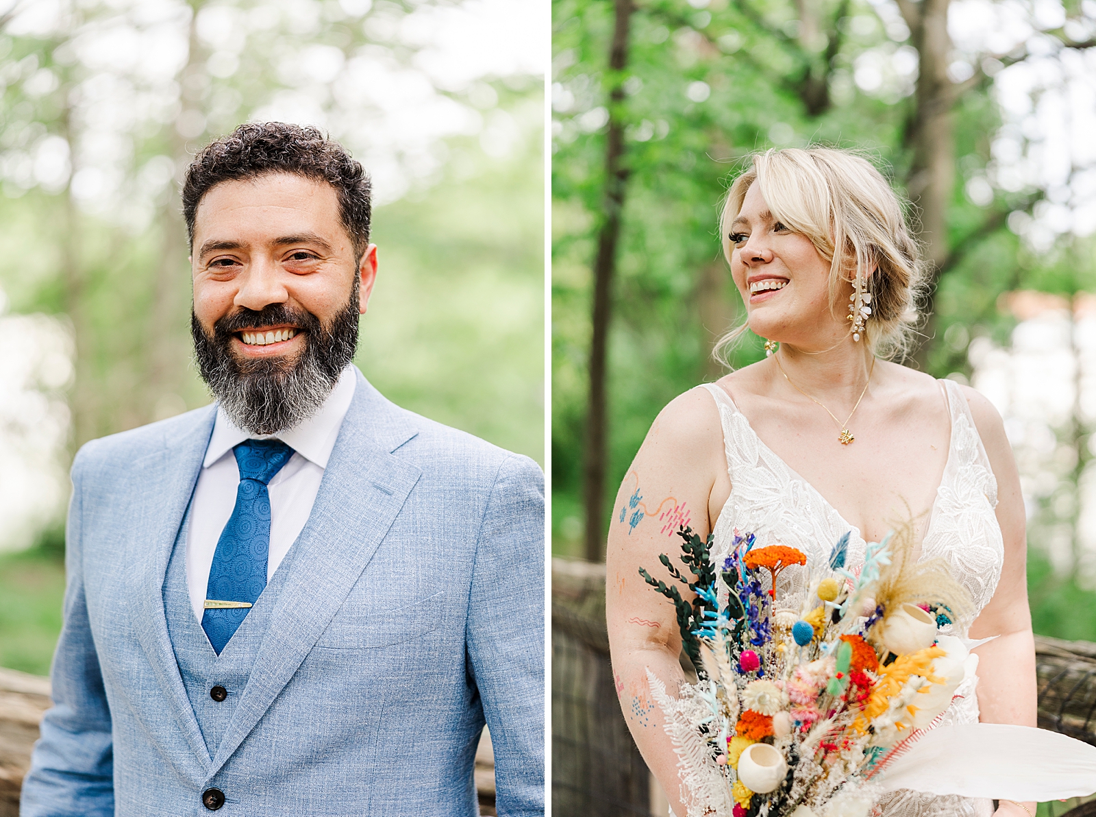 Left: Upper body shot of Eliseo smiling for the camera.
Right: Upper body shot of MK with her bouquet as she stares off into the distance. 