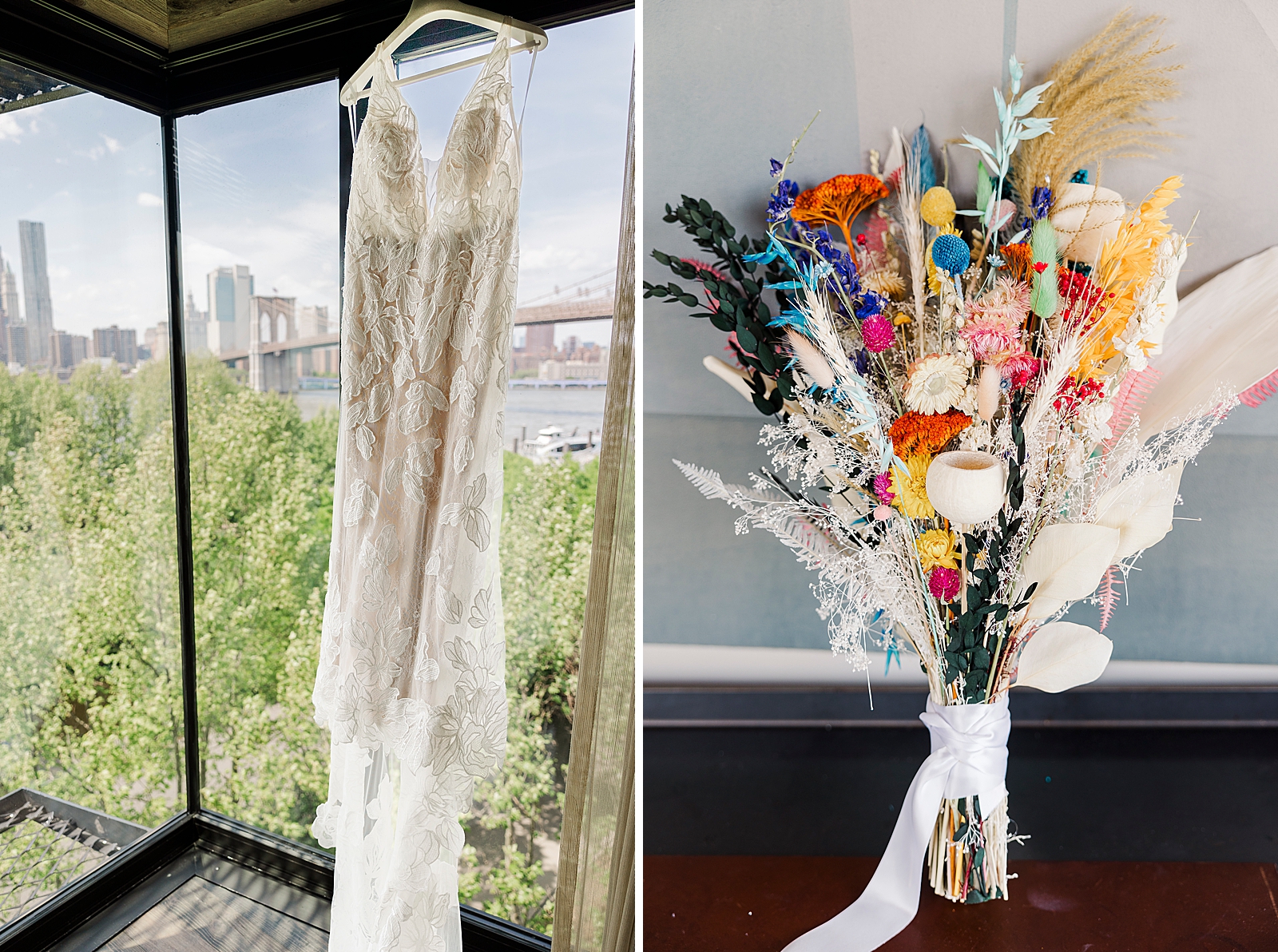 Left: Photo of MK's wedding gown hanging in front of a window.
Right: Photo of MK's colorful bouquet. 