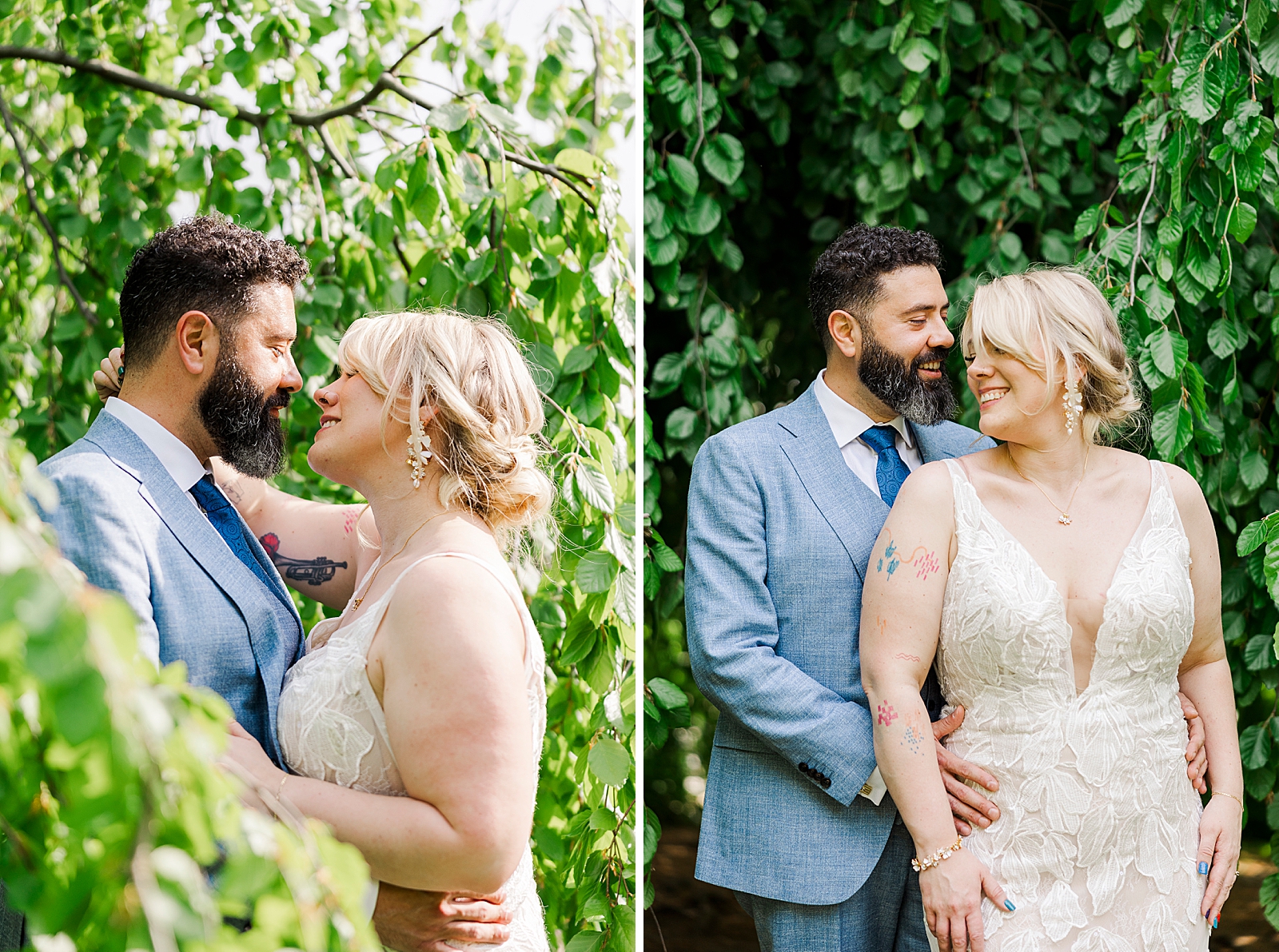 Left: Shot of MK and Eliseo embracing in front of lush branches.
Right: Shot of MK and Eliseo smiling in front of lush branches. 