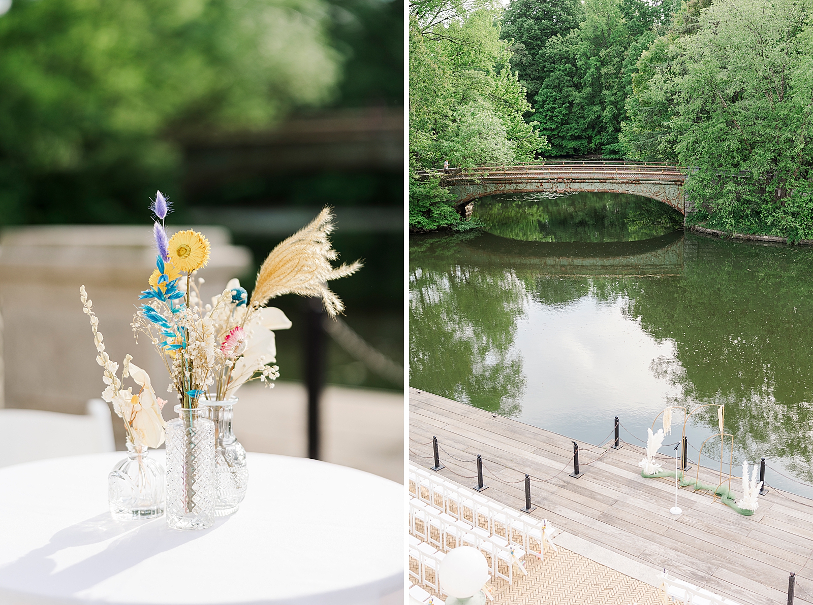 Left: Photo of a vase with flowers on top of a table.
Right: Aerial shot of the altar and the pond and the bridge behind it. 