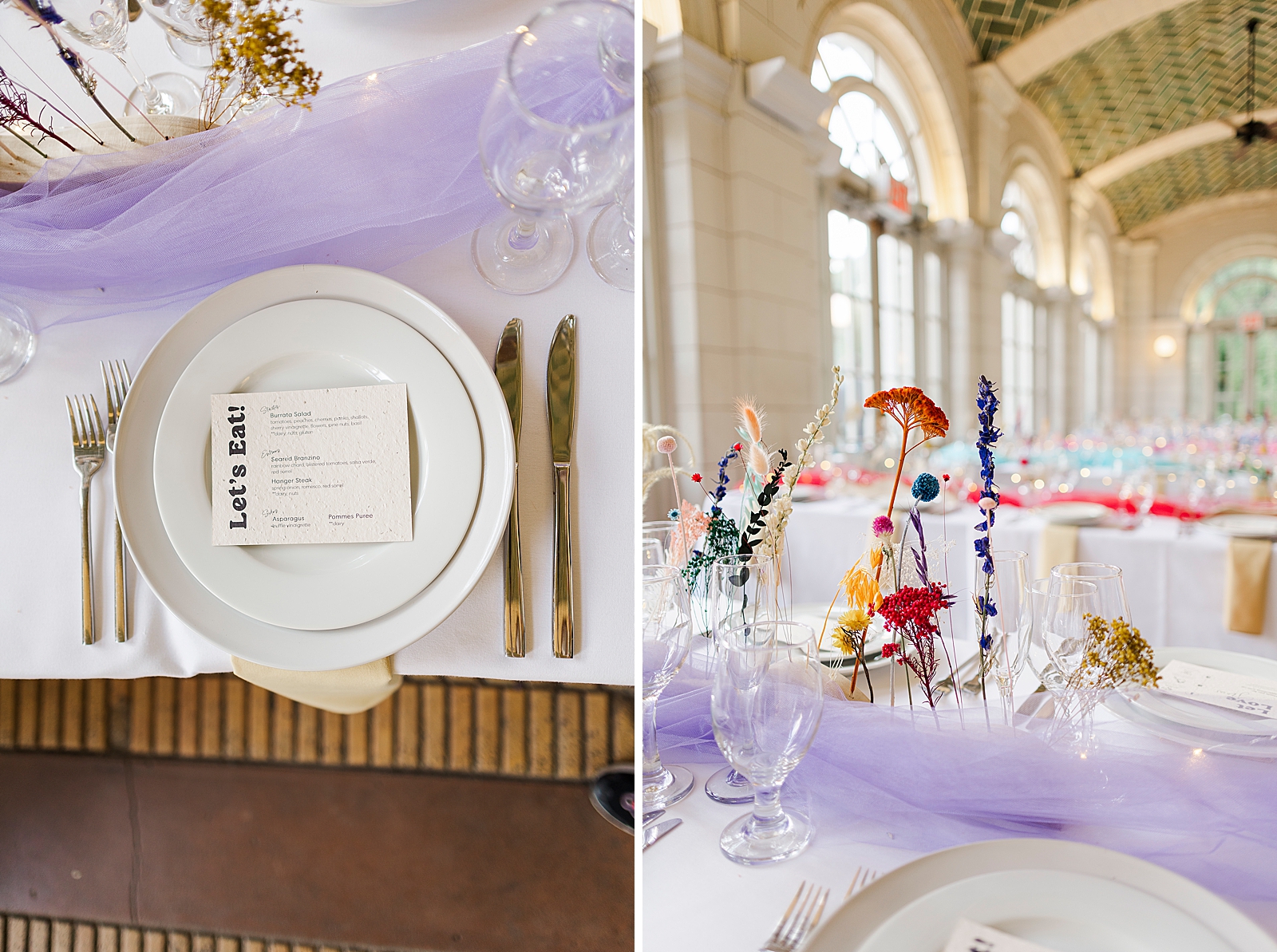 Left: Shot of a place setting for the wedding reception. 
Right: Shot of reception tables and colorful floral arrangements. 
