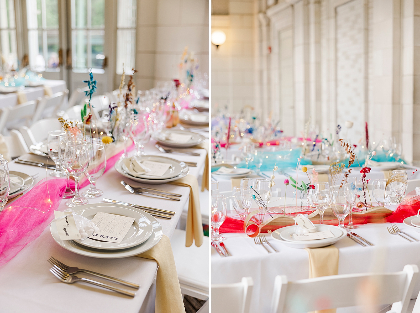 Left: Shot of reception tables complete with glasses, plates, cutlery, floral arrangements, and colorful tulle centerpieces.
Right: Shot of reception tables complete with glasses, plates, cutlery, floral arrangements, and colorful tulle centerpieces.