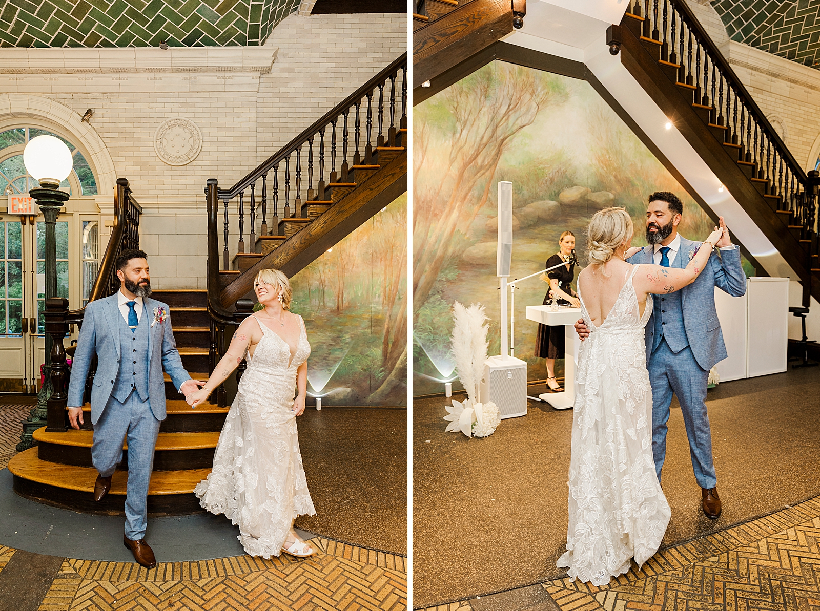 Left: Shot of MK and Eliseo making their way into the reception space hand in hand after being announced as husband and wife.
Right: Shot of MK and Eliseo dancing together in front of the DJ.