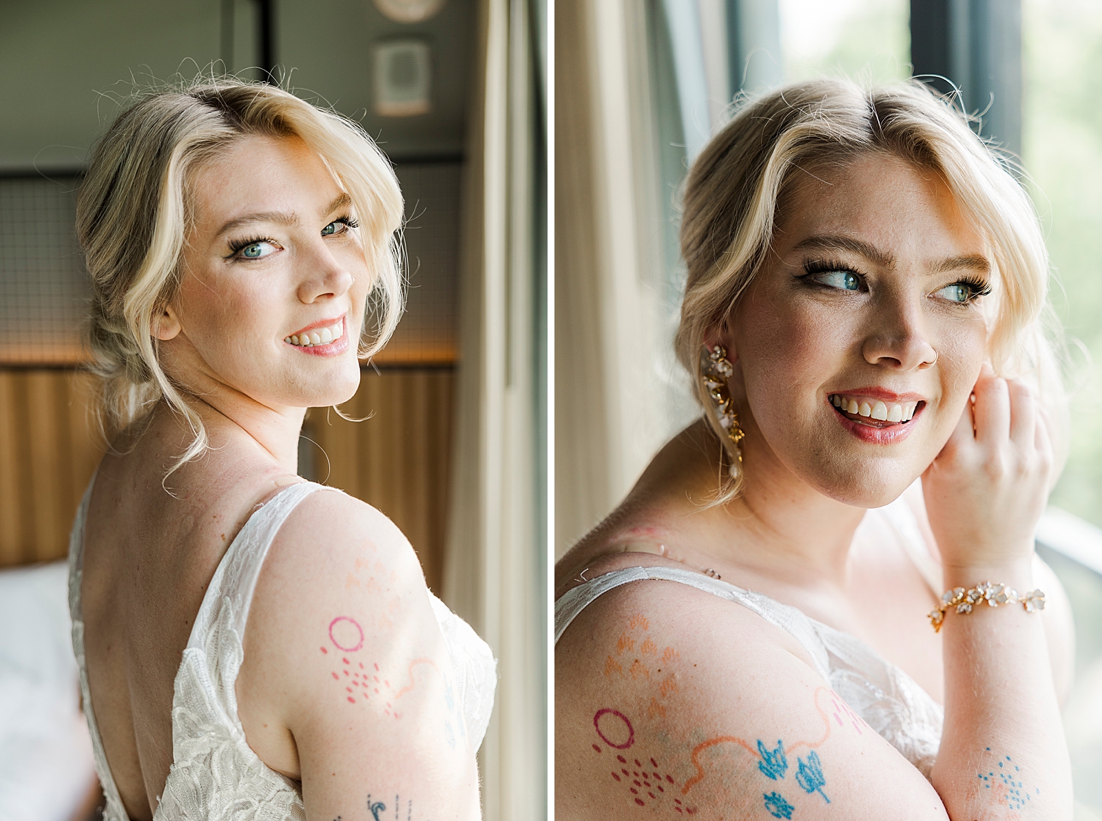 Left: Upper body shot of MK in her wedding gown smiling over her shoulder.
Right: Photo of a smiling MK as she puts on her earrings. 