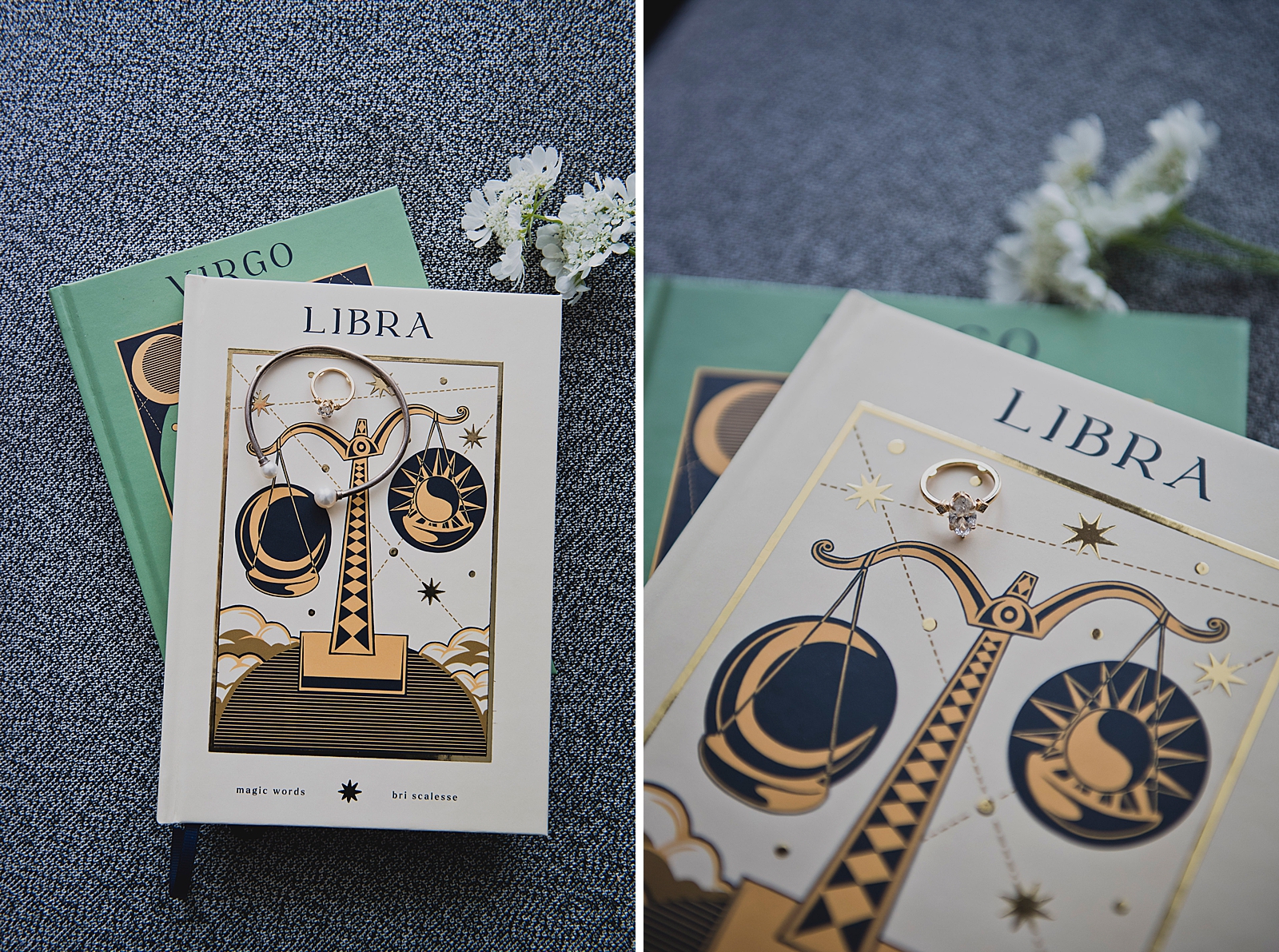 Left photo: Close up shot of the bride's bracelet and engagement ring on top of a Virgo book and a Libra book.
Right photo: Close up shot of the bride's engagement ring on top of a Virgo book and a Libra book. 