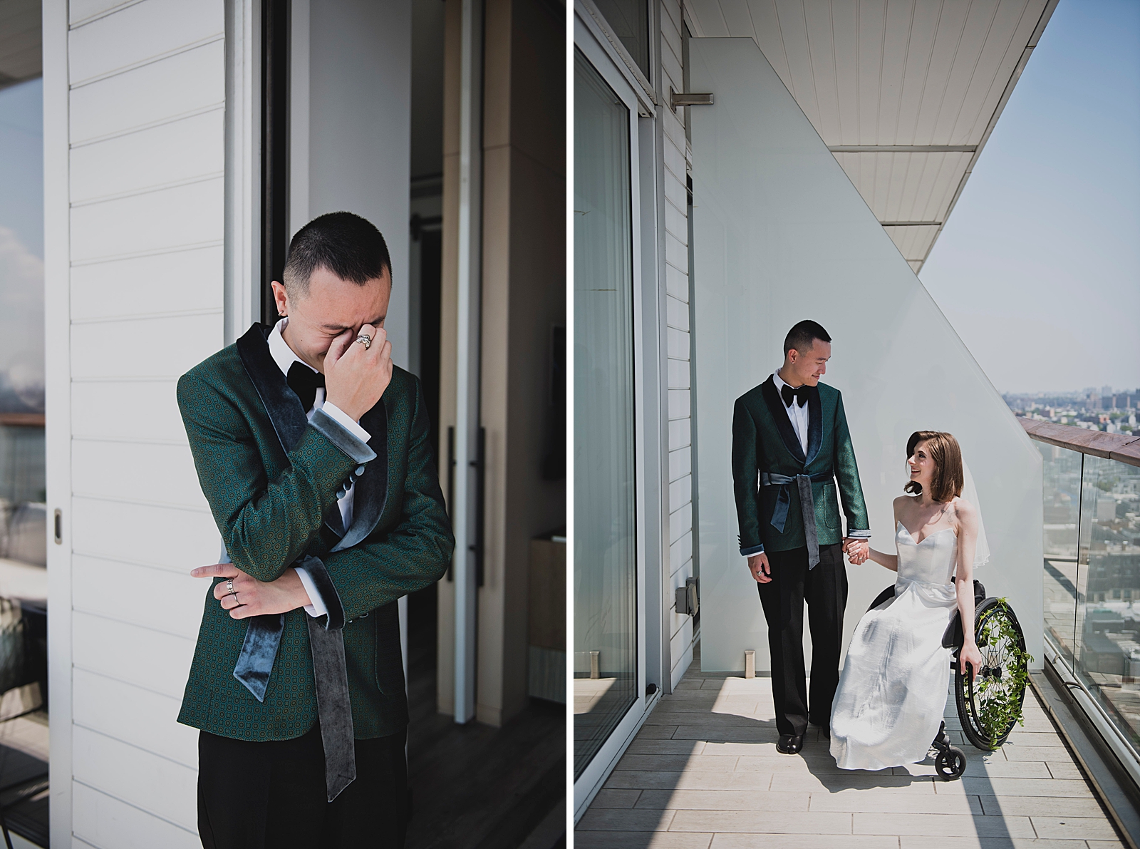 Left photo: Upper body shot of the groom getting emotional as he sees his bride during their first look.
Right photo: Full body shot of the bride and groom smiling at each other as they hold hands on a balcony. 