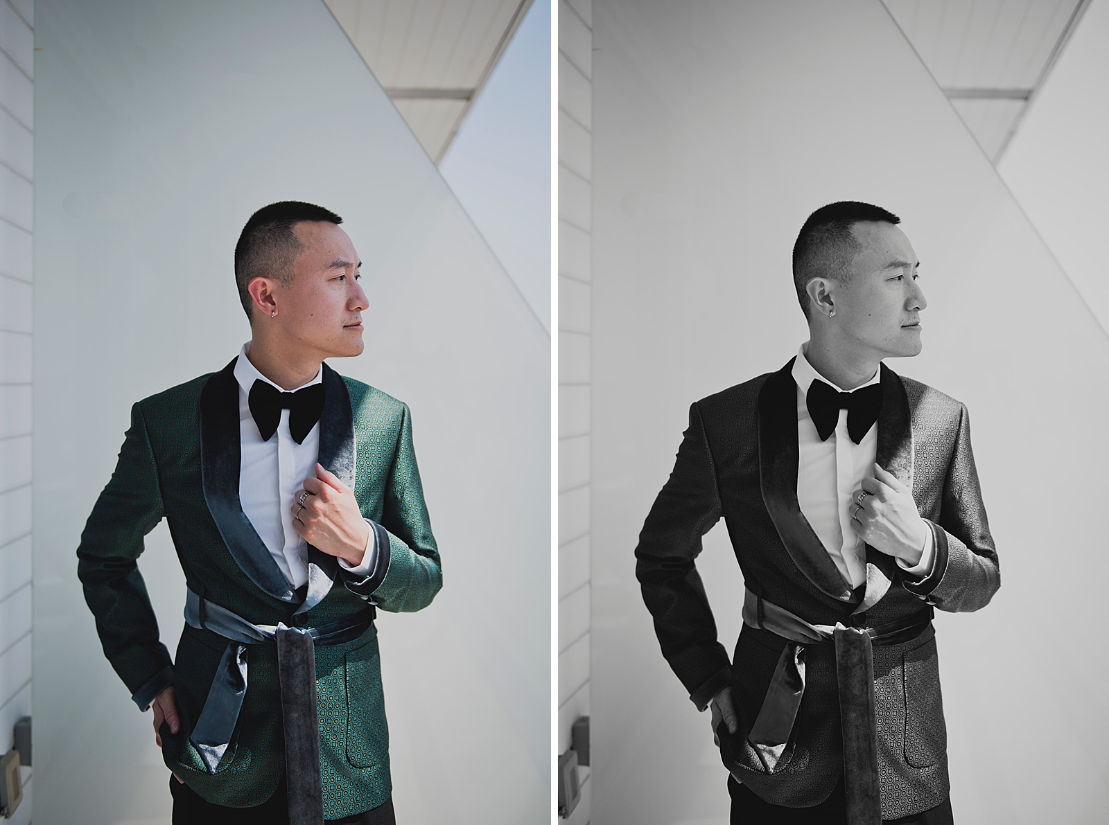 Left photo: Upper body shot of the groom posing while holding his lapel. 
Right photo: Upper body, black and white shot of the groom posing while holding his lapel.
