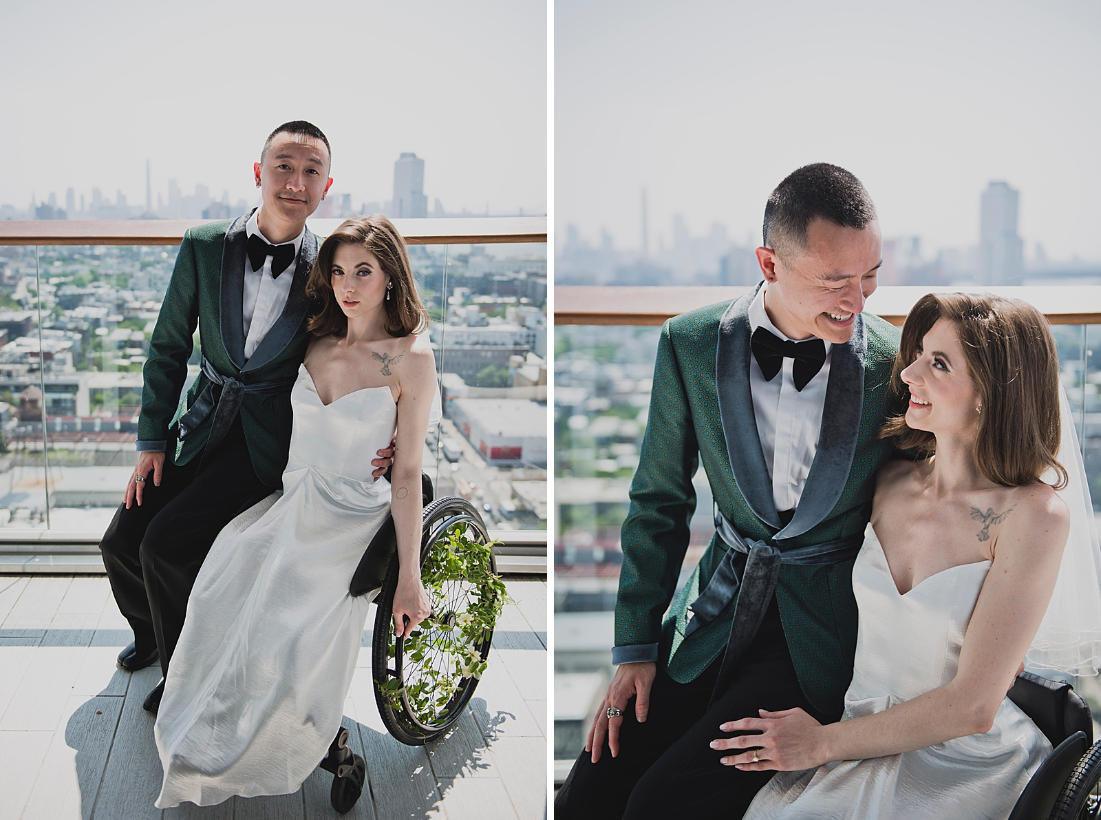 Left photo: Shot of the bride on a balcony with the groom perched on the side of her wheelchair. 
Right photo: Upper body shot of the bride and groom smiling at each other on a balcony.