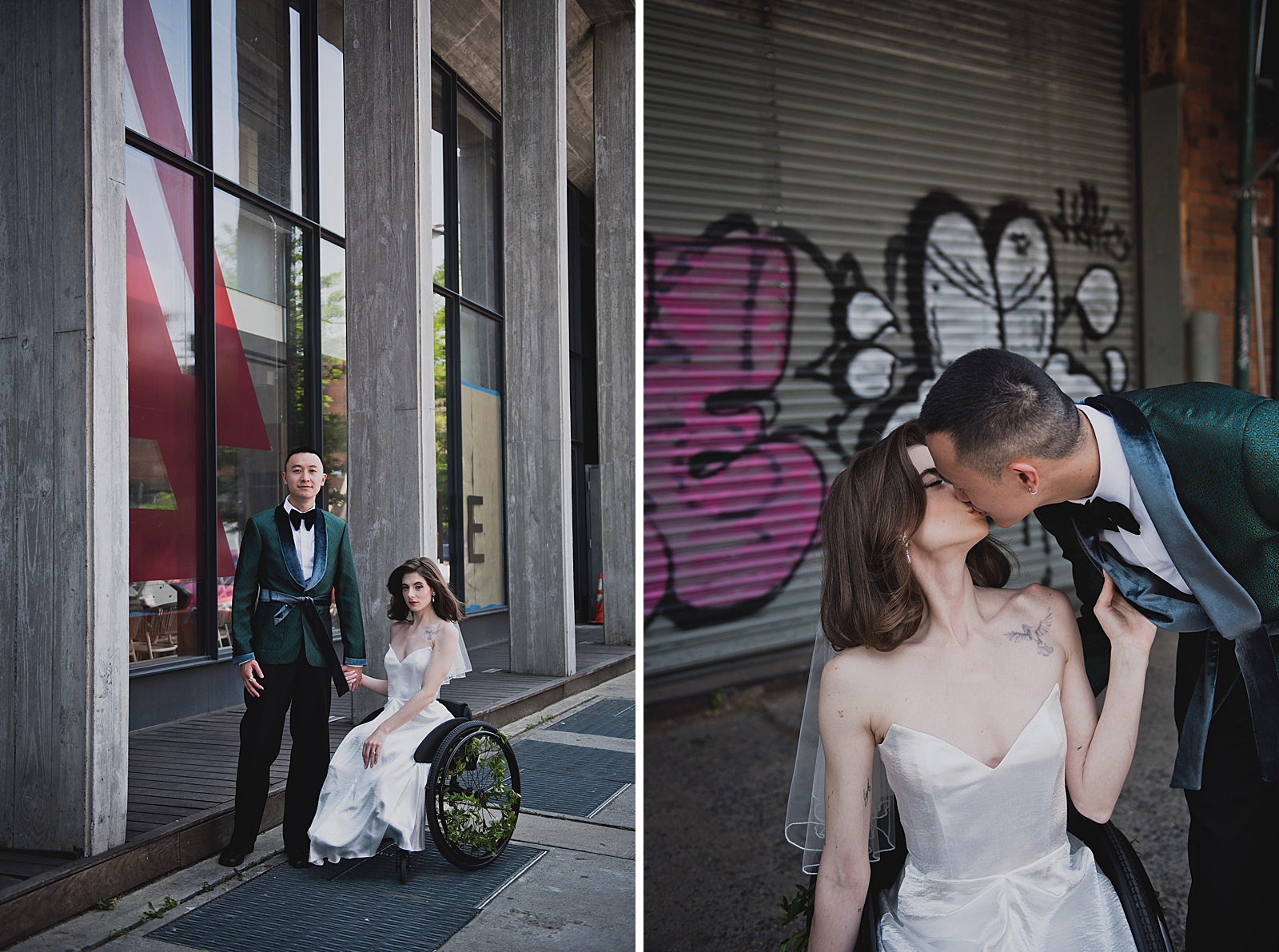 Left photo: Full body shot of the bride and groom holding hands as they pose for the camera. 
Right photo: Shot of the bride and groom sharing a kiss in front of a graffiti wall. 
