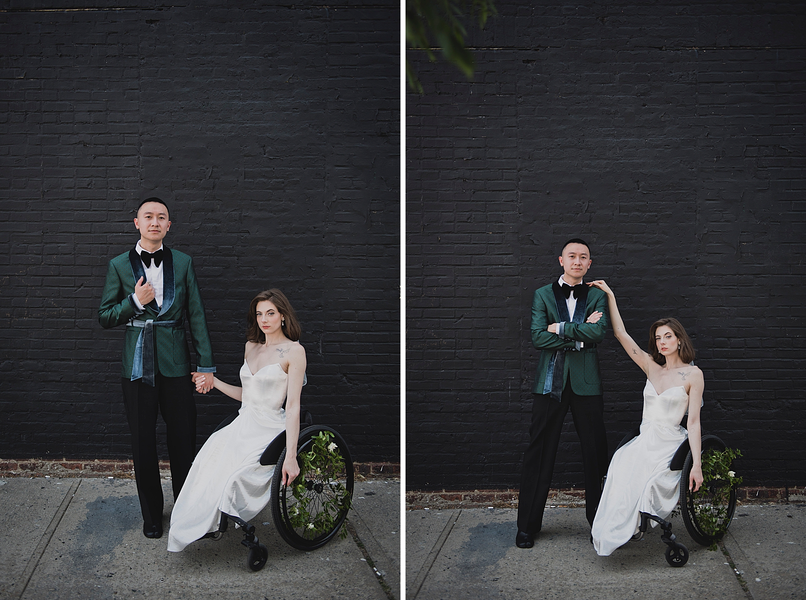 Left photo: Shot of the bride and groom holding hands in front of a black painted brick wall. 
Right photo: Shot of the bride and groom posing in front of a black painted brick wall. 