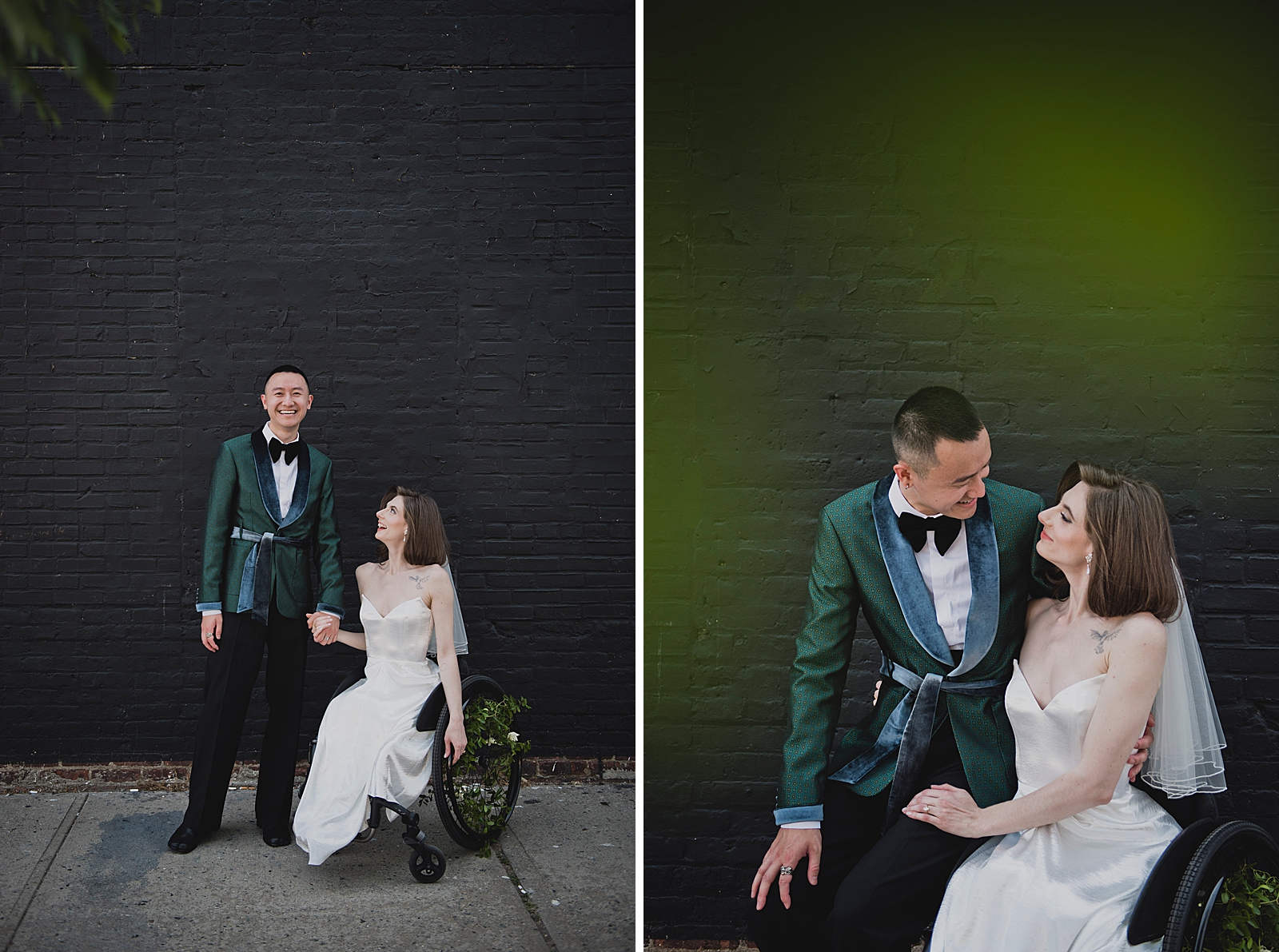 Left photo: Full shot of the bride and groom holding hands and smiling in front of a black brick wall.
Right photo: Upper body shot of the groom leaning against the bride's wheelchair as they smile at each other. 