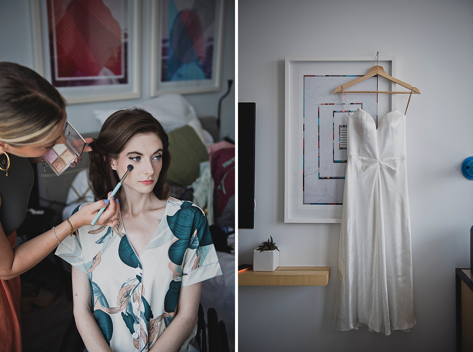 Left photo: Close up shot of the bride getting her make up done. 
Right photo: Shot of the bride's wedding dress.