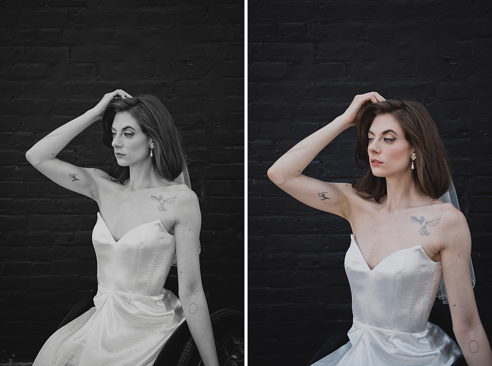Left photo: Black and white upper body shot of the bride posing in front of a black brick wall. 
Right photo: Upper body shot of the bride posing in front of a black brick wall.