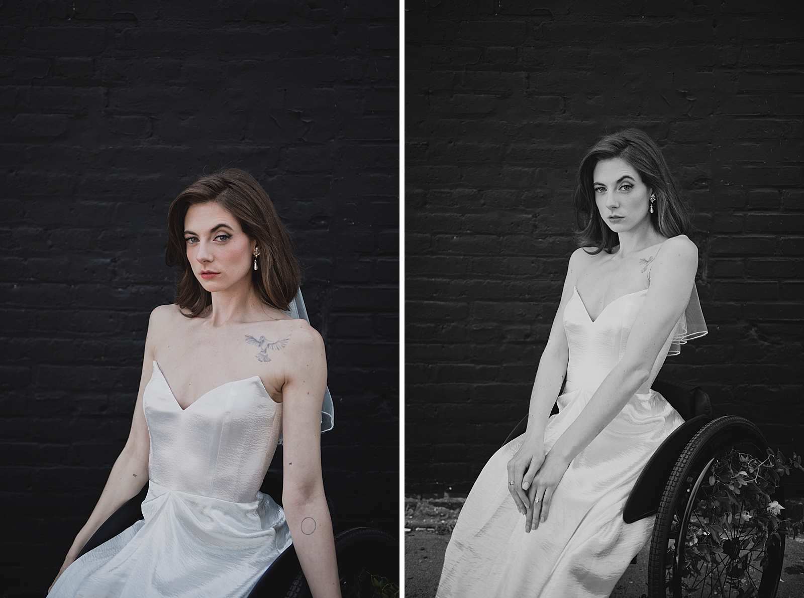 Left photo: Upper body shot of the bride posing in front of a black brick wall. 
Right photo: Black and white shot of the bride posing in front of a black brick wall. 