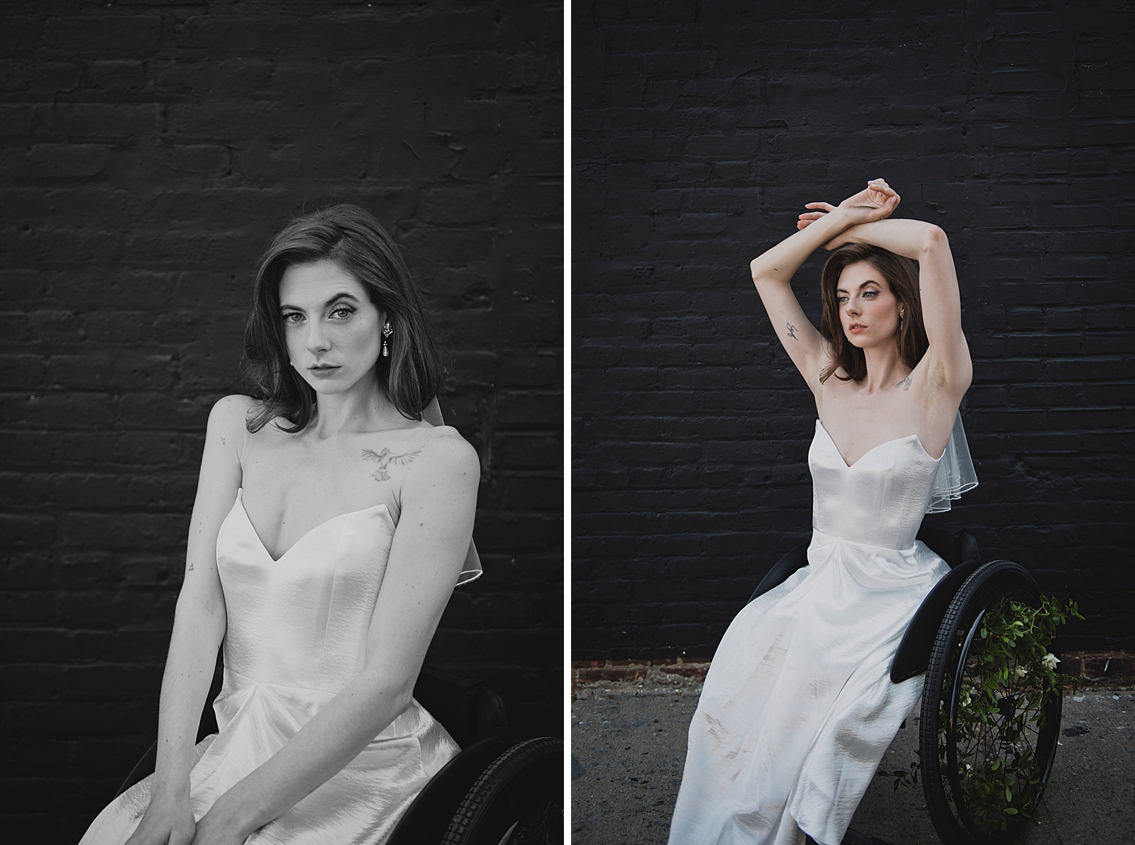 Left photo: Upper body black and white shot of the bride posing in front of a black brick wall. 
Right photo: Shot of the bride posing in front of a black brick wall. 