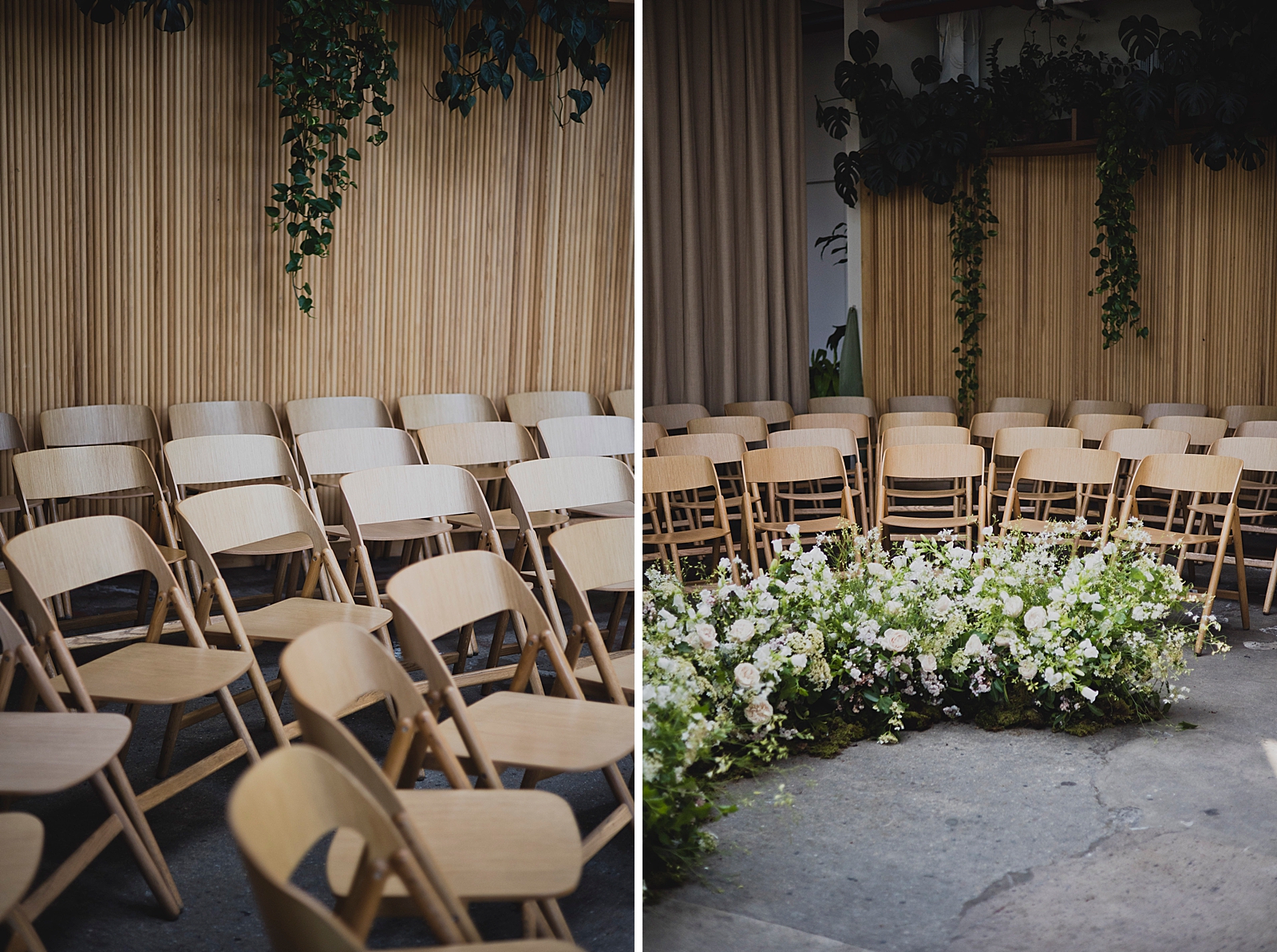 Left photo: Close up shot of ceremony seating.
Right photo: Shot of ceremony seating and altar flower arrangements. 