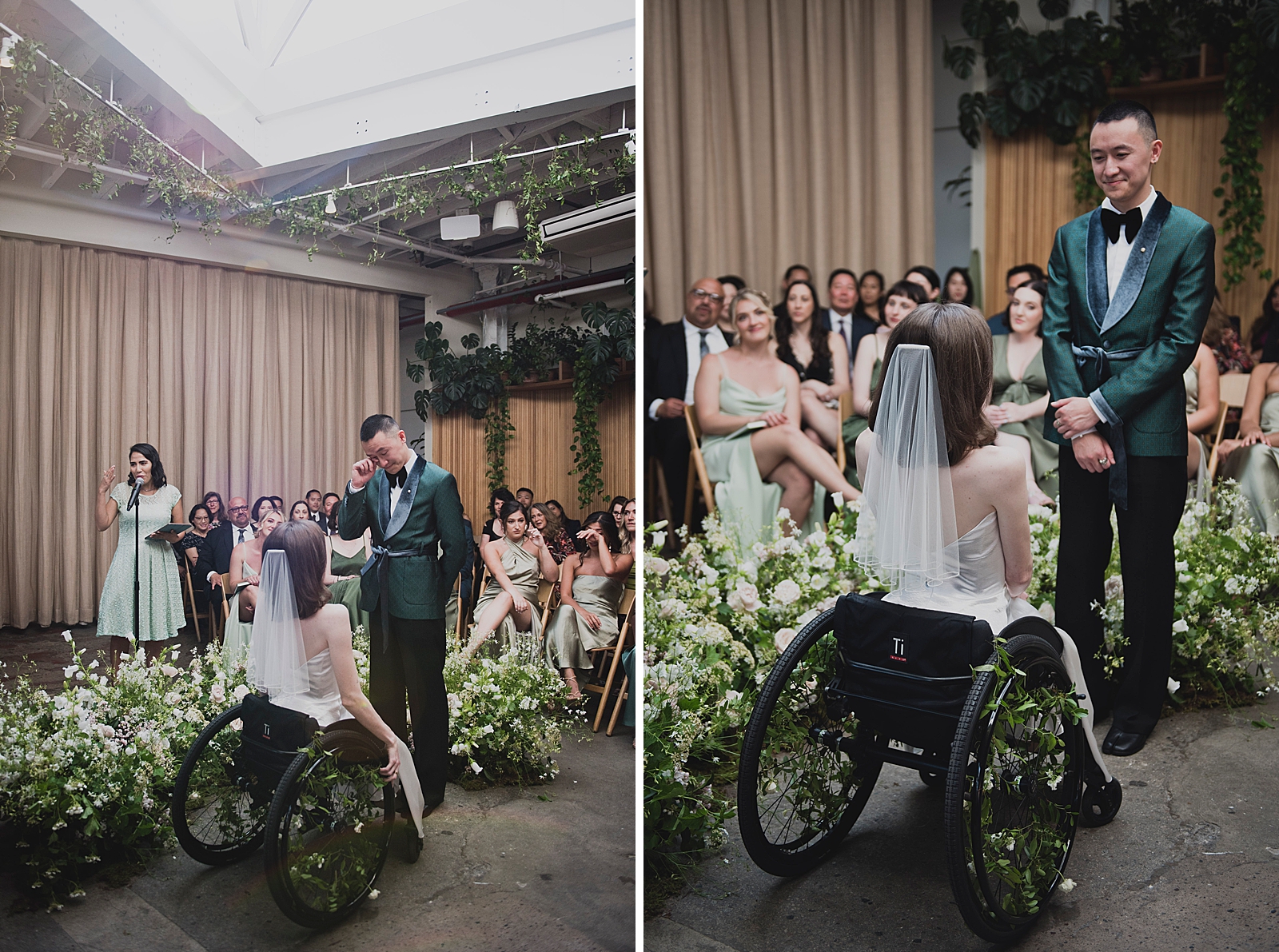 Left photo: Shot of the bride and groom at the altar as their officiant speaks.
Right photo: Shot of the groom smiling at the bride.