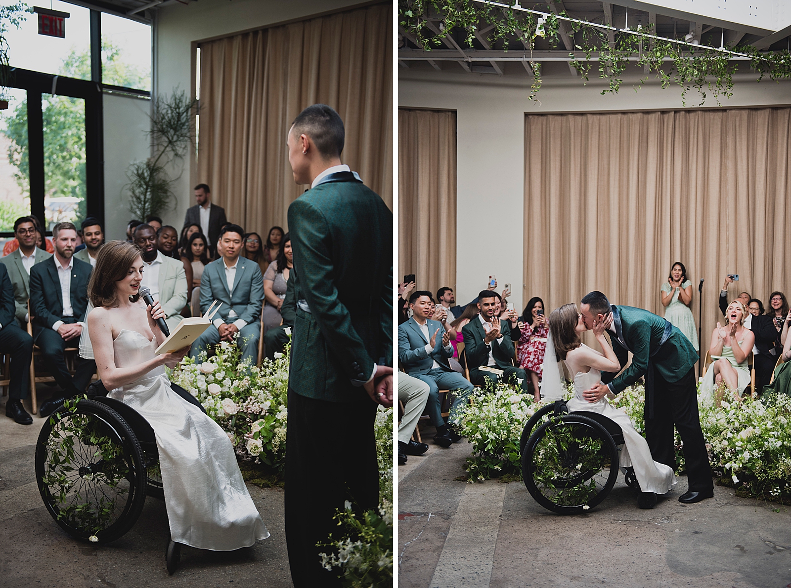 Left photo: Shot of the bride smiling as she reads her vows. 
Right photo: Shot of the bride and groom sharing a kiss at the altar.