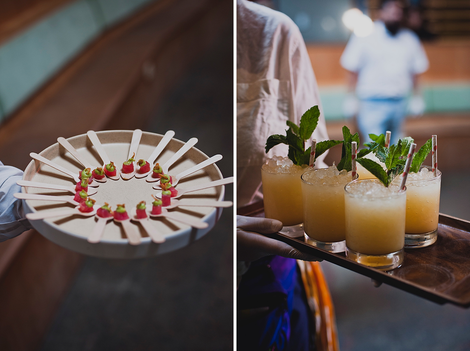 Left photo: Close up shot of hors d'oeuvres being served on a tray.
Right photo: Close up shot of mocktails being served on a tray.