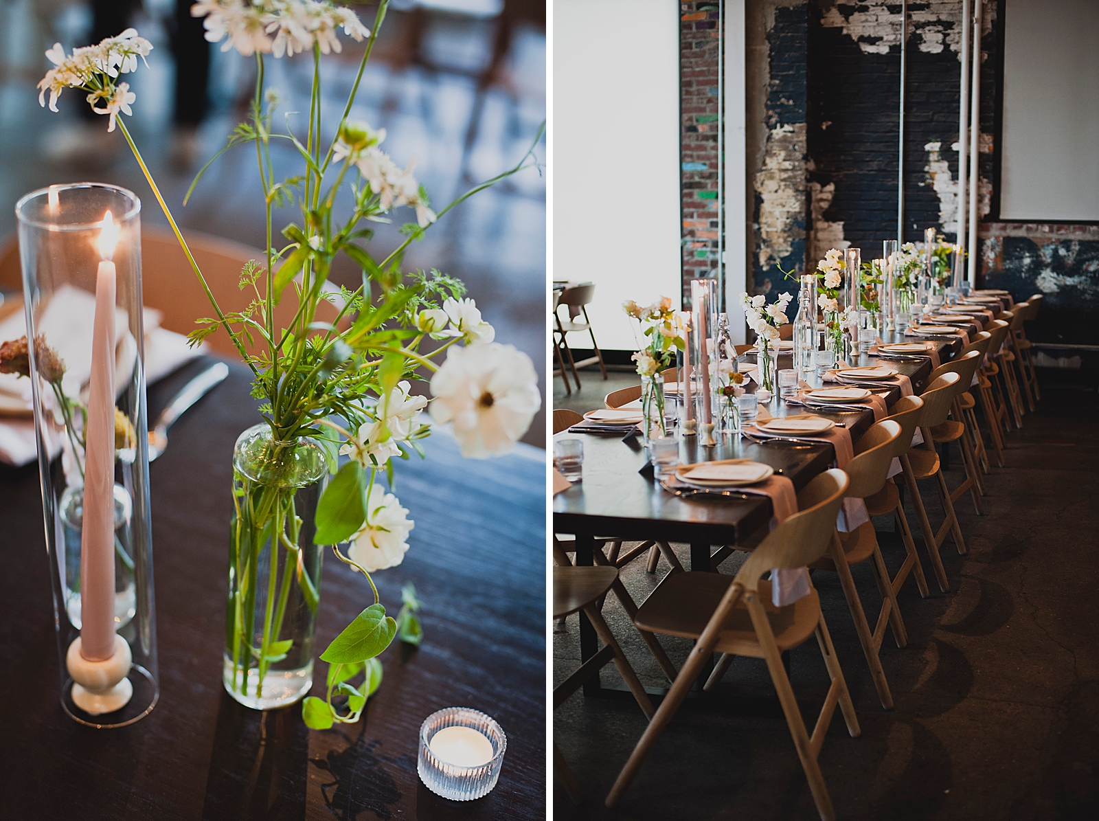 Left photo: Close up shot of a flower arrangement and candle on a reception table. 
Right photo: Shot of a fully set reception table. 