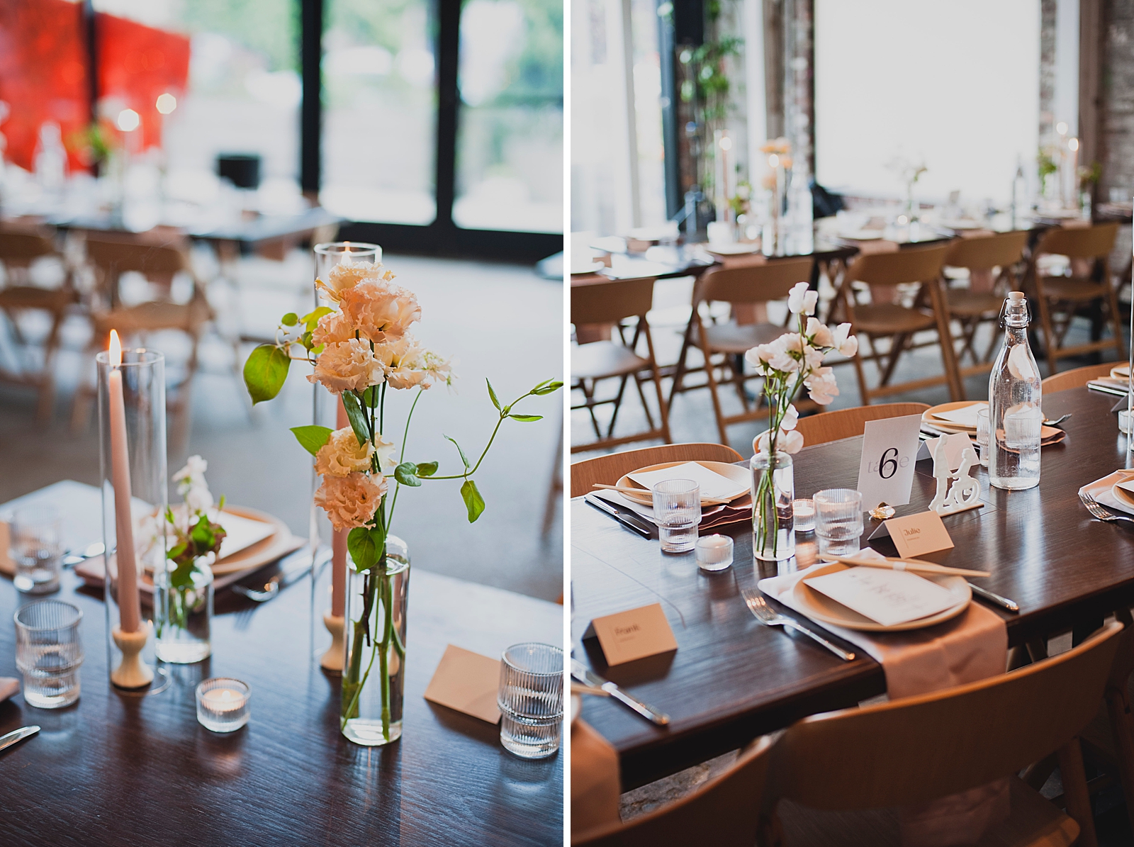 Left photo: Close up shot of a floral arrangement and candles on a reception table.
Right photo: Close up shot of place settings on a reception table. 