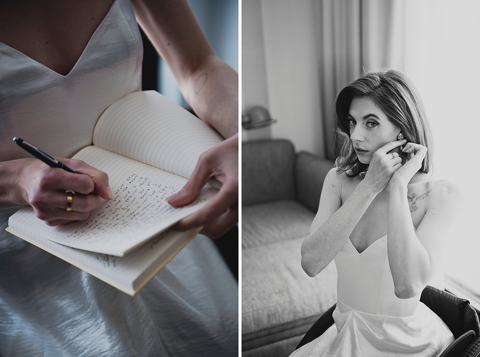 Left photo: Close up shot of the bride writing her vows down in a book.
Right photo: Upper body, black and white shot of the bride adjusting her earring. 
