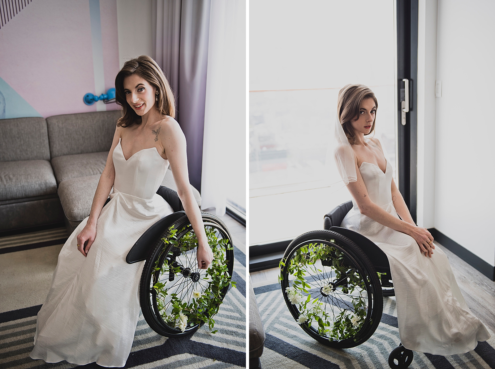 Left photo: Shot of the bride smiling in her wedding dress as she sits in her decorated wheelchair. 
Right photo: Full body shot of the bride in her wedding dress posing for the camera as she sits in her decorated wheelchair. 