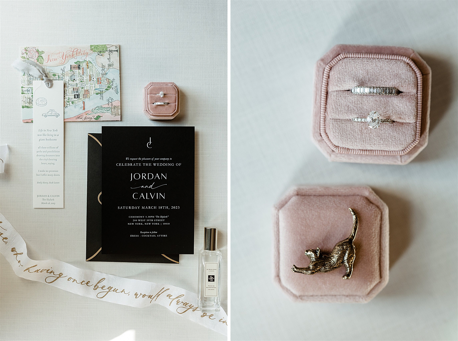 Left photo: Shot of wedding details including invitations, rings, and a custom bookmark. 
Right photo: UP close shot of the bride and grooms rings and a gold cat pin. 