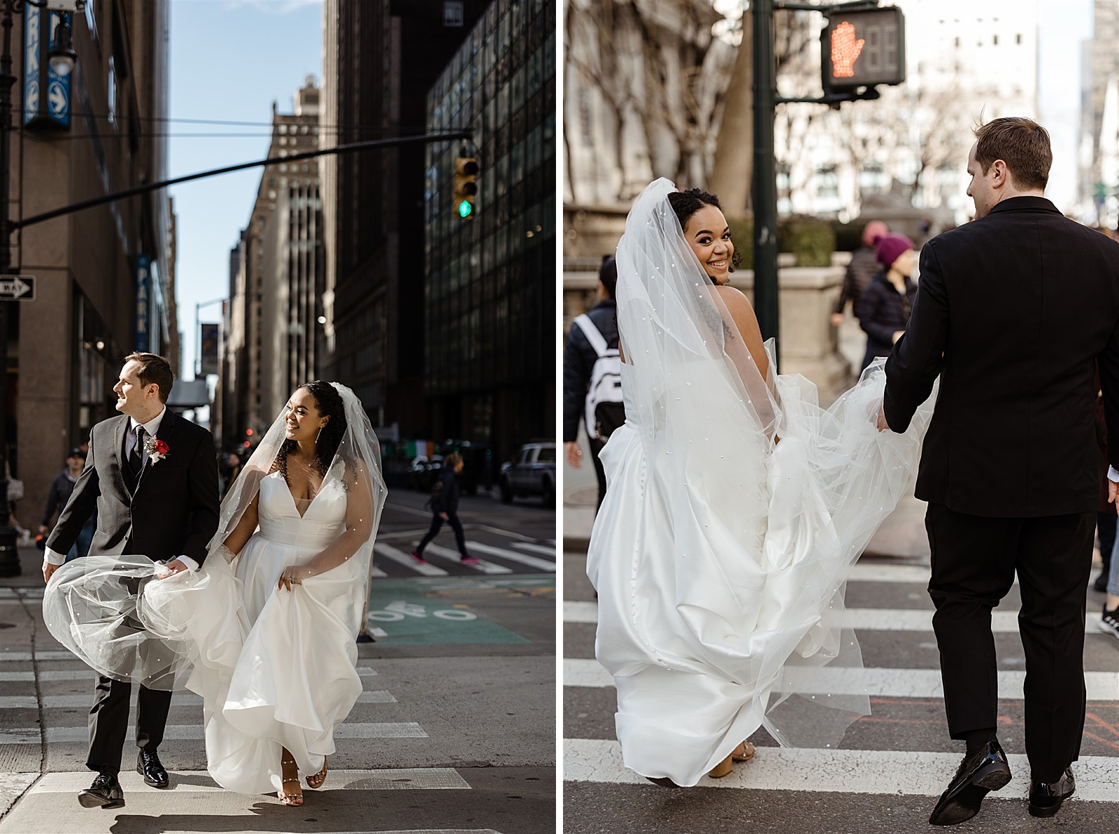 Left photo: Bride and groom are all smiles as they walk through a cross walk in full wedding attire. 
Right photo: Bride smiles back at the camera as she and her Groom cross the street in full wedding attire. 