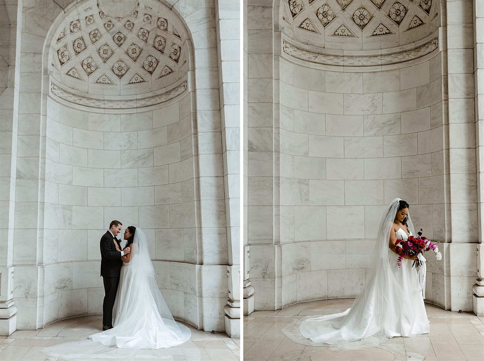 Left photo: Bride and Groom as all smiles as they embrace in front of a white marble wall in full wedding attire. 
Right photo: Bride in her wedding gown looks down at her bouquet 