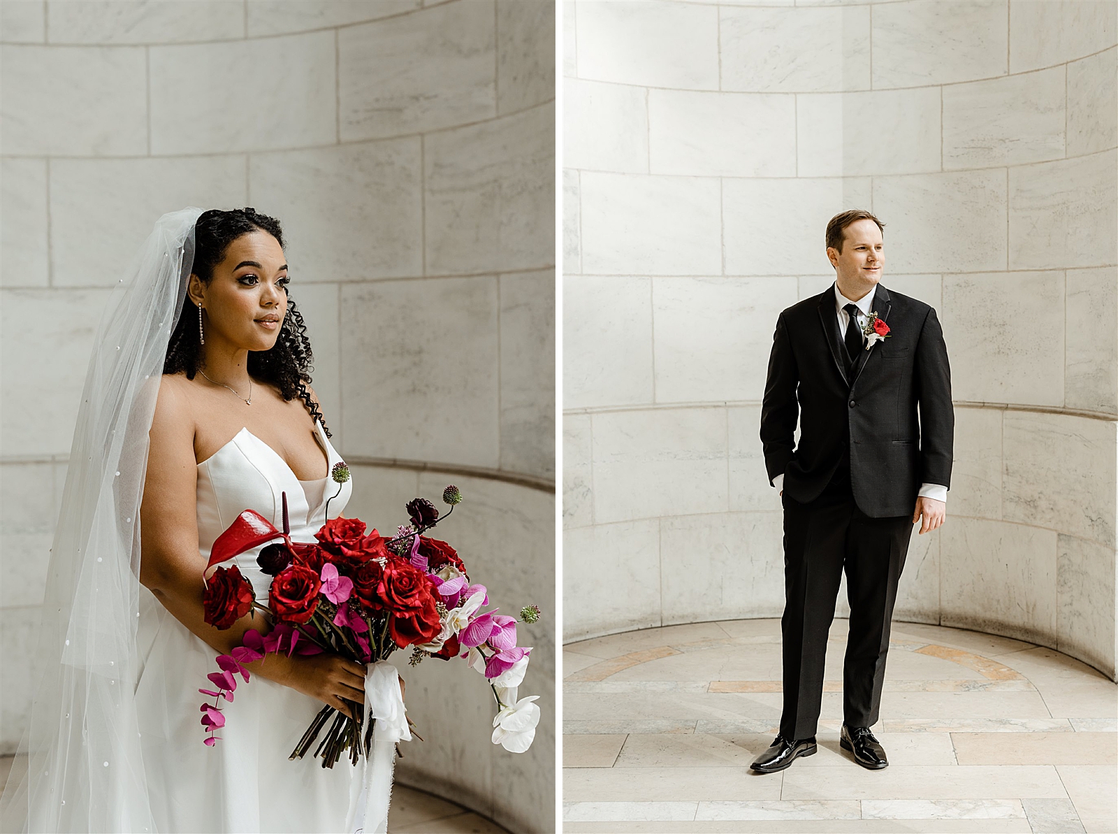 Left photo: Bride is her wedding gown holding her bouquet. 
Right photo: Full body shot of Groom in his suit. 