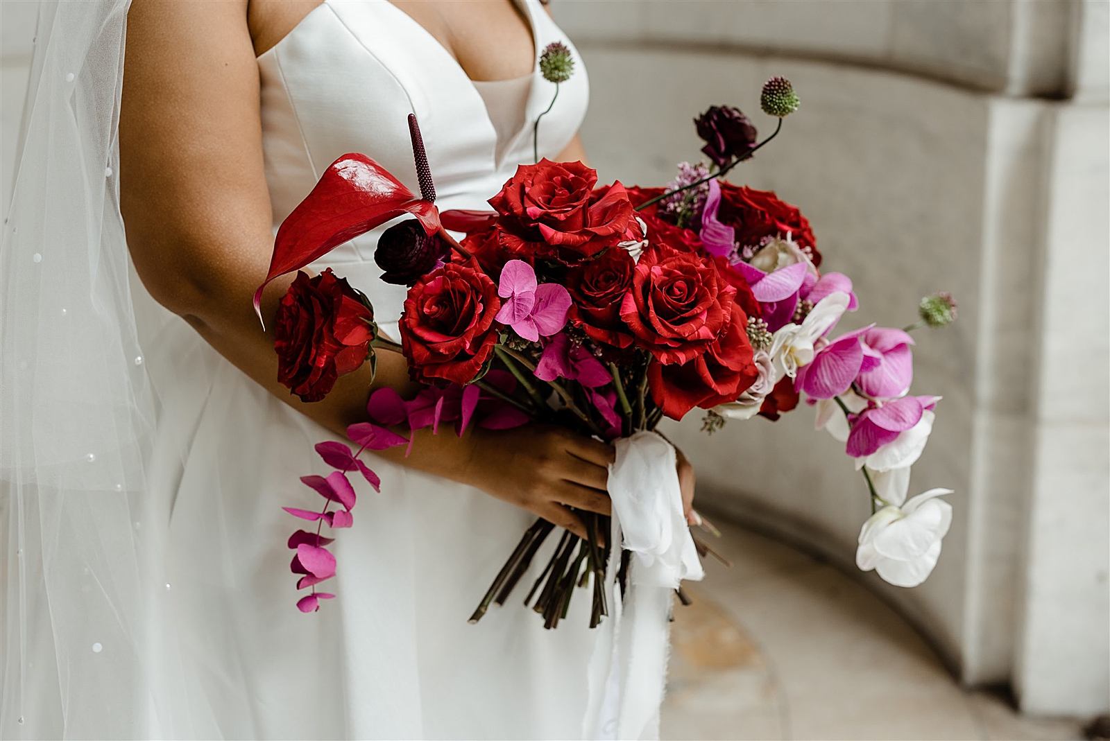Shot of bride holding her bouquet. 