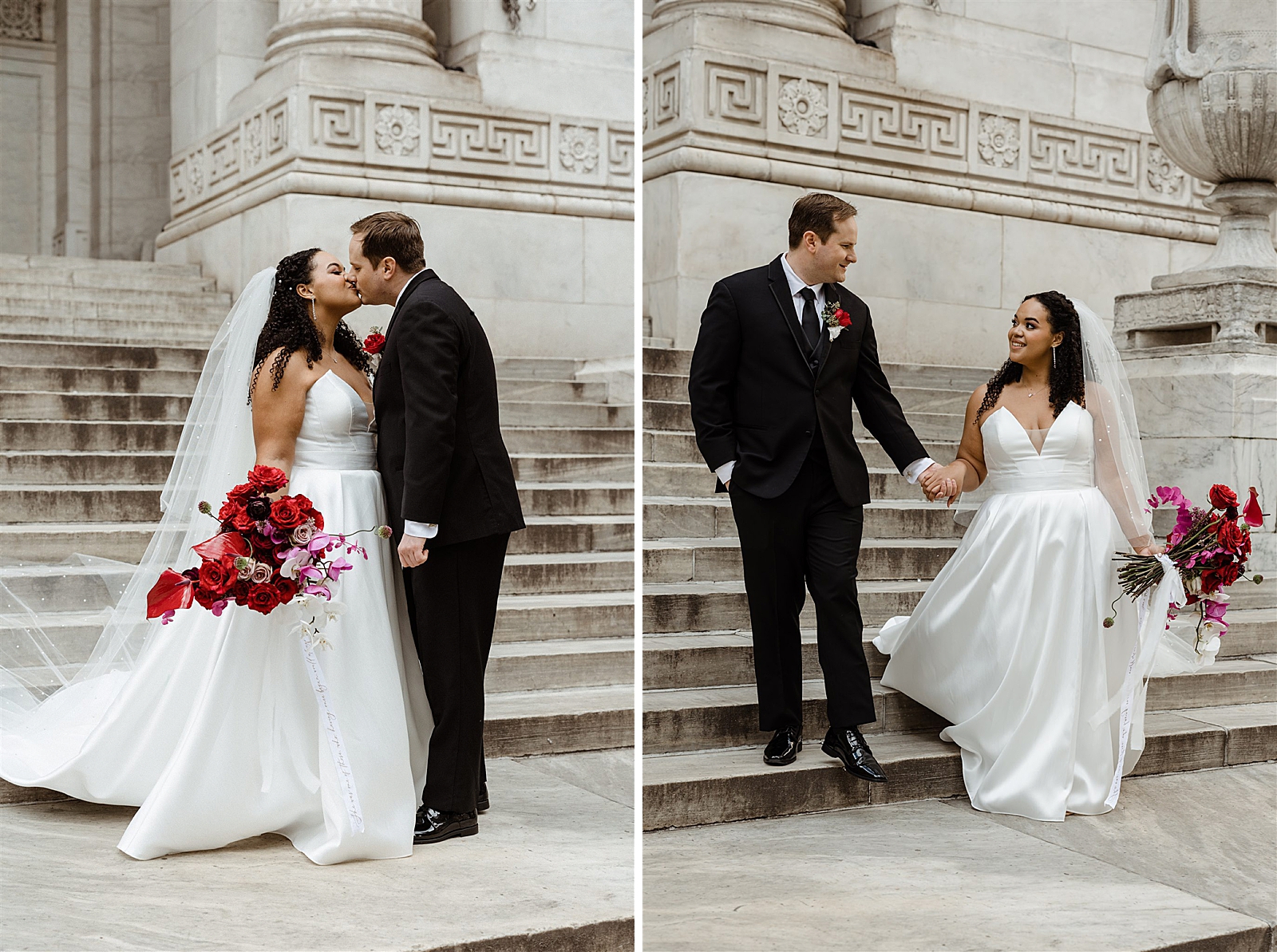 Left photo: Bride and Groom share a kiss on the New York Public Library steps.
Right photo: Bride and Groom smile at each other as they walk down the New York Public Library steps hand in hand. 