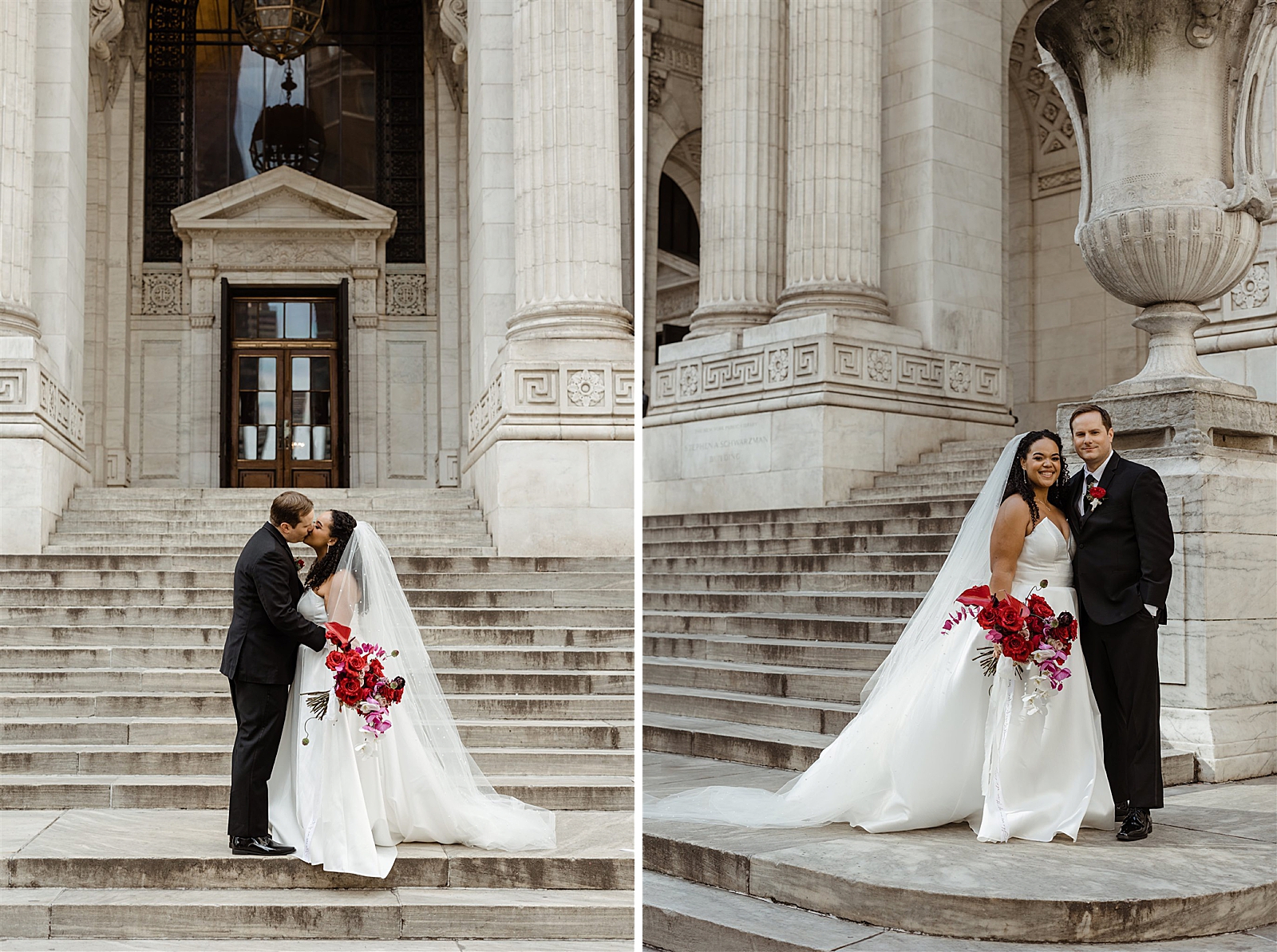 Left photo: Bride and Groom share a kiss on the steps of the New York Public Library.
Right photo: Bride and groom are all smiles as they pose for the camera on the steps of the New York Public Library.