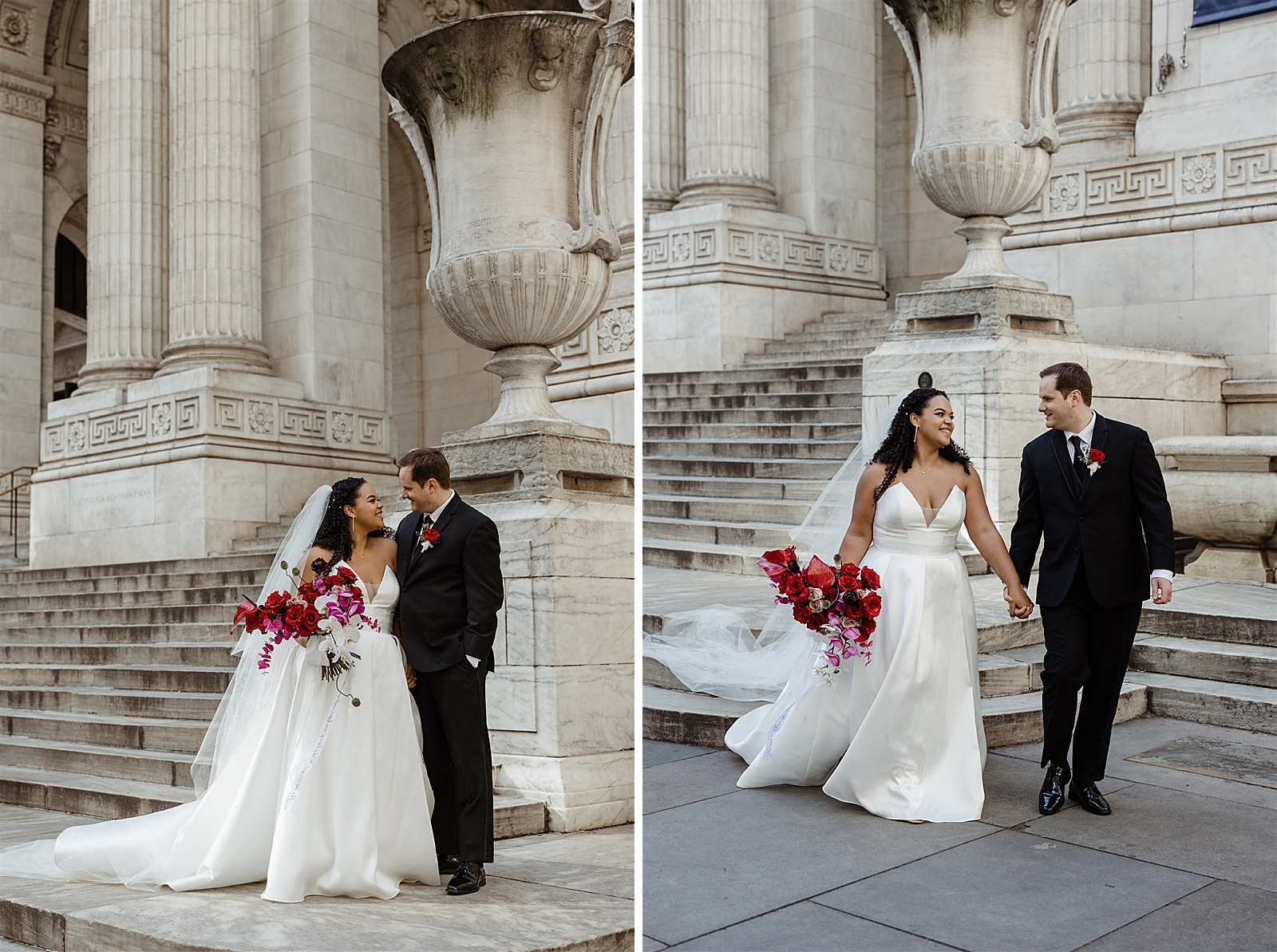 Left photo: Bride and groom smile at each other as they embrace on the steps of the New York Public Library.
Right photo: Bride and groom walk hand in hand down the steps of the New York Public Library.