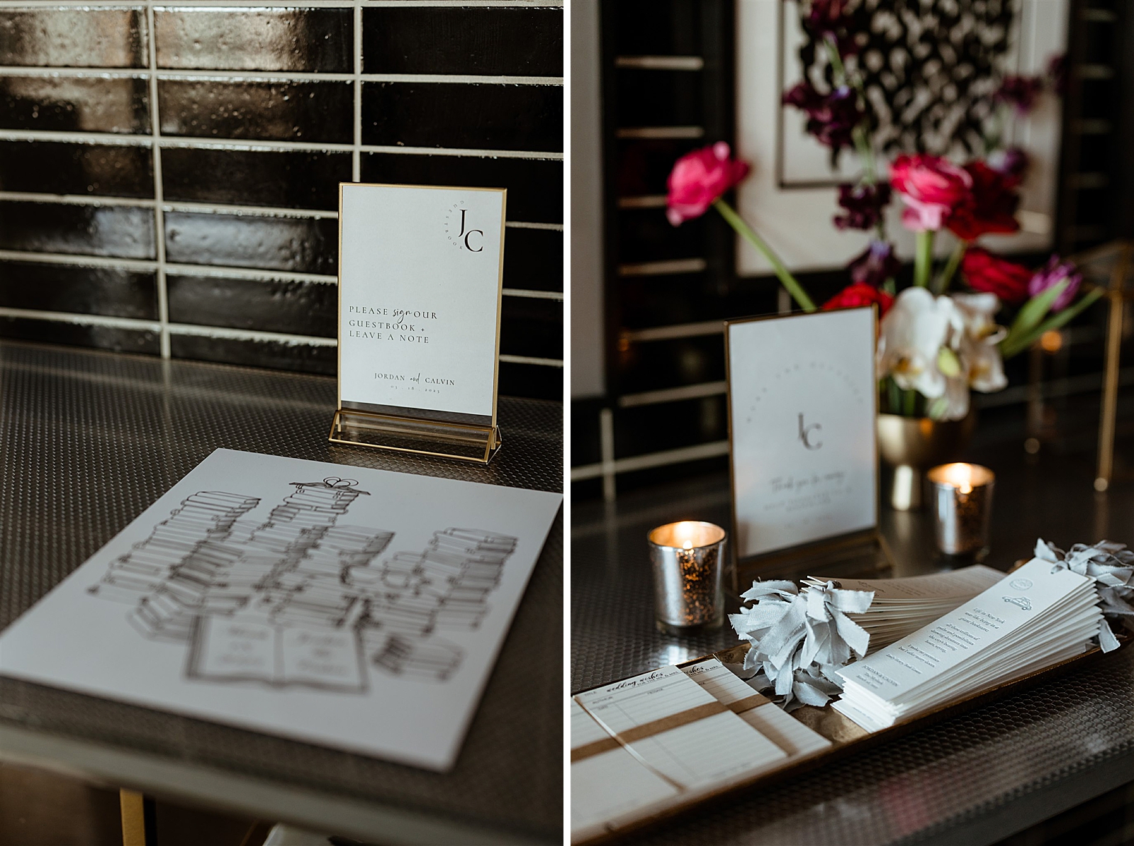 Left photo: Shot of the couple's guest book.
Right photo: Shot of custom bookmark favors. 